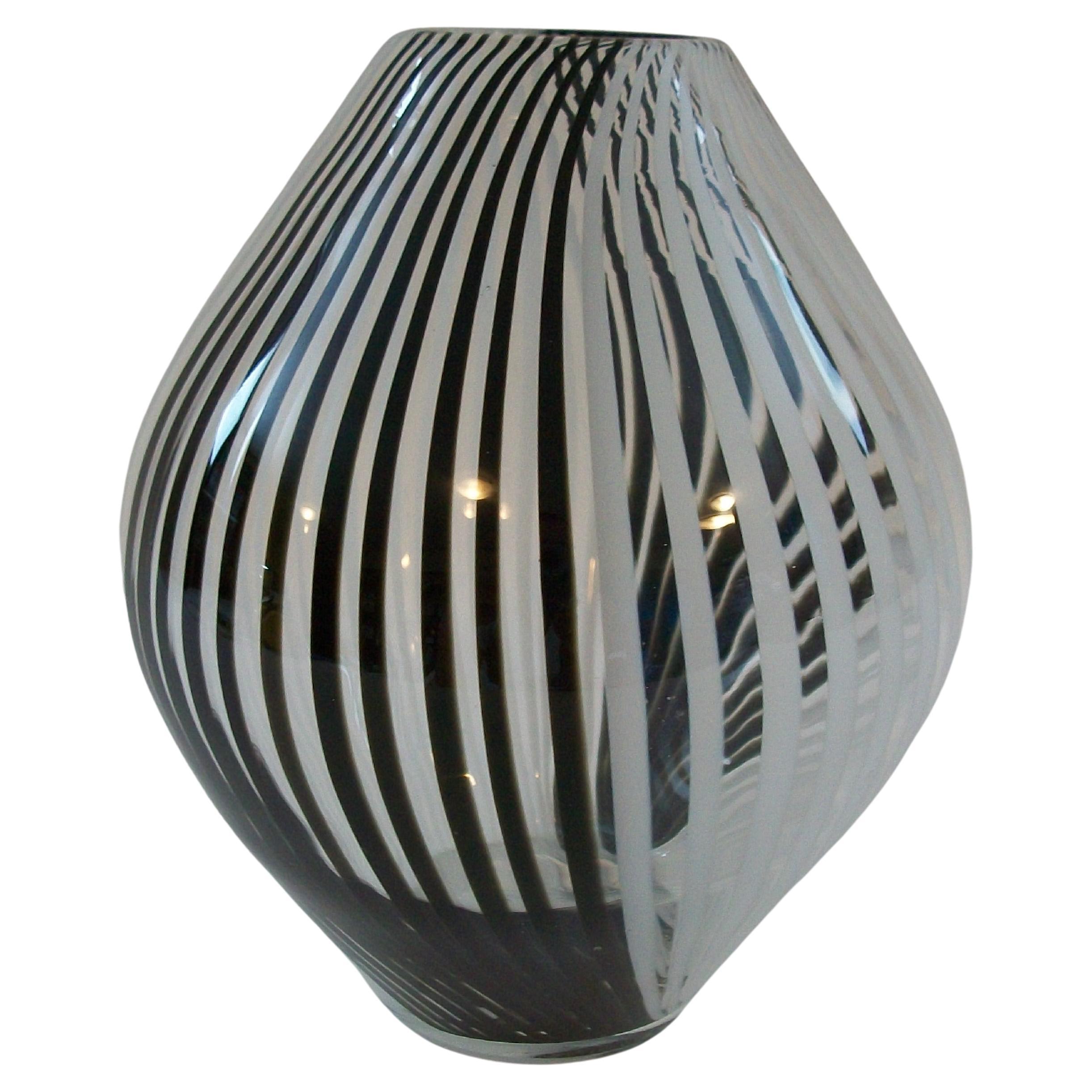 Contemporary Art Glass Vase - Black & White Stripes on Clear - 21st Century