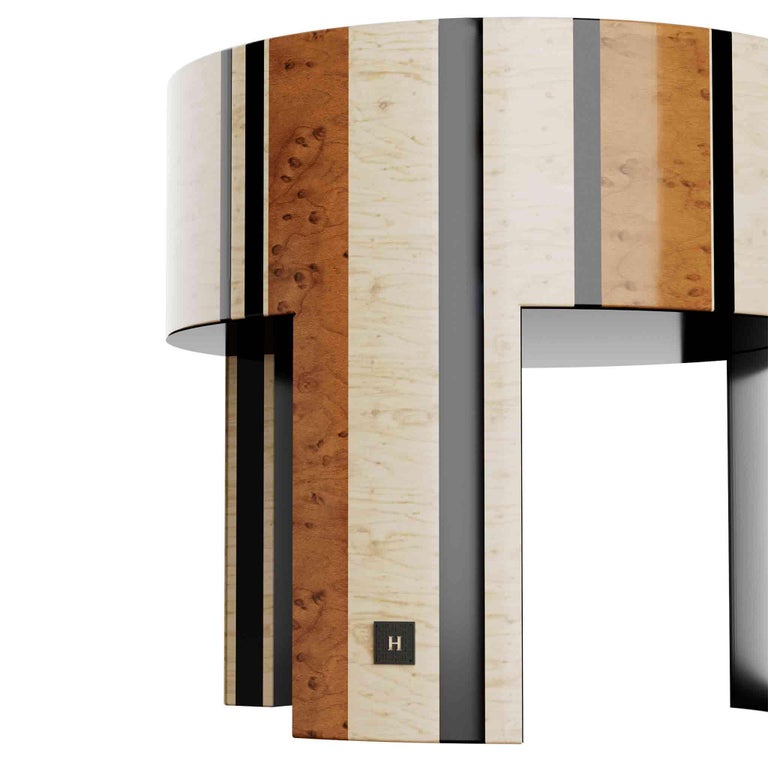Modern Contemporary Art-Inspired Klimt Round Bedside Table in Wood Marquetry For Sale