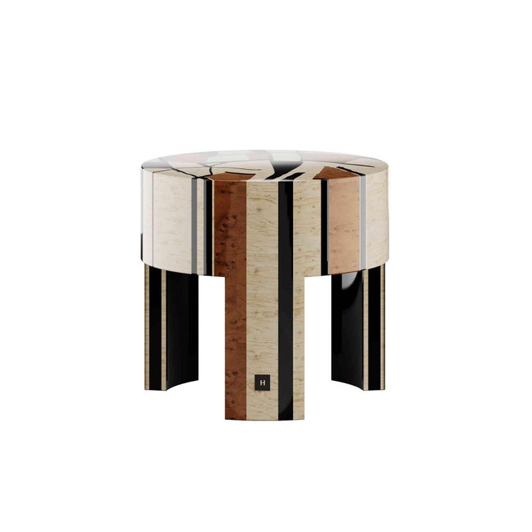 Portuguese Contemporary Art-Inspired Klimt Round Bedside Table in Wood Marquetry For Sale