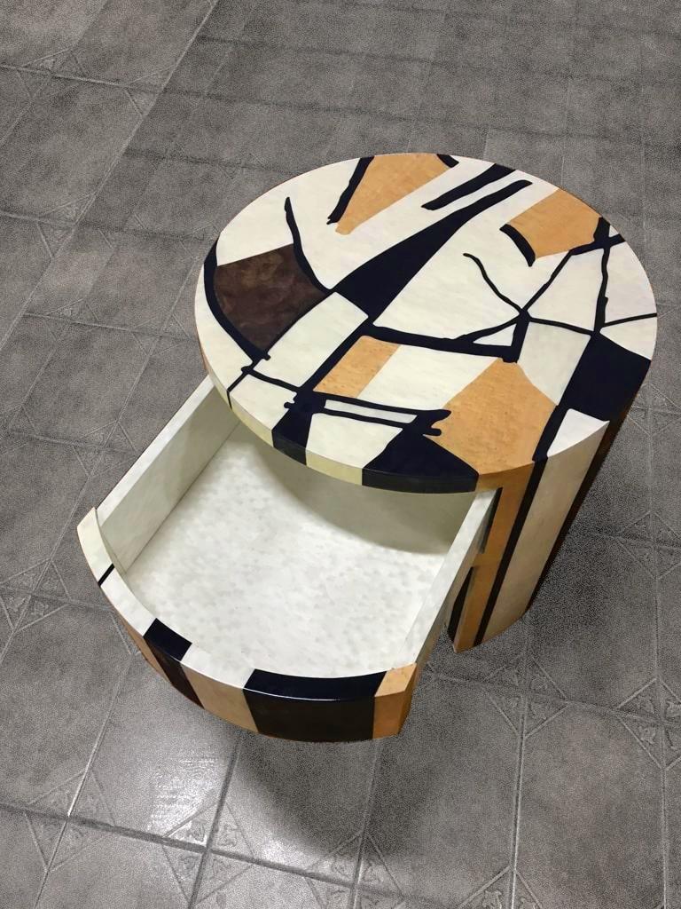 Hand-Crafted Contemporary Art-Inspired Klimt Round Bedside Table in Wood Marquetry For Sale