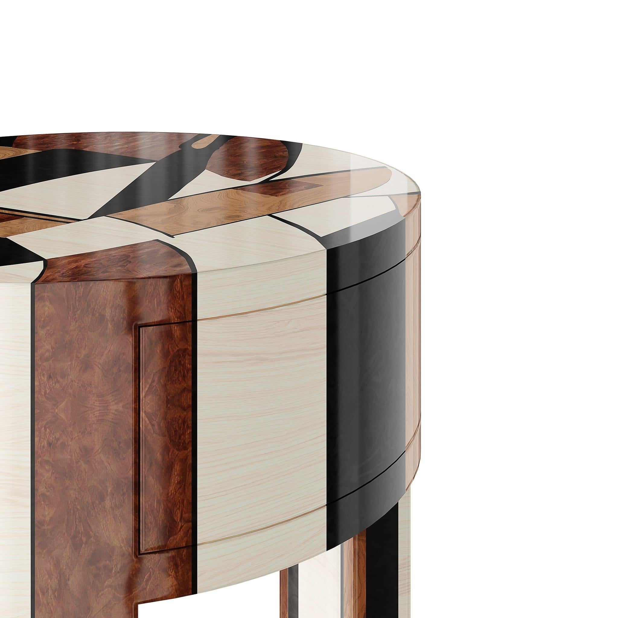 Portuguese Contemporary Art-Inspired Round Bedside Table Nightstand Wood Marquetry For Sale