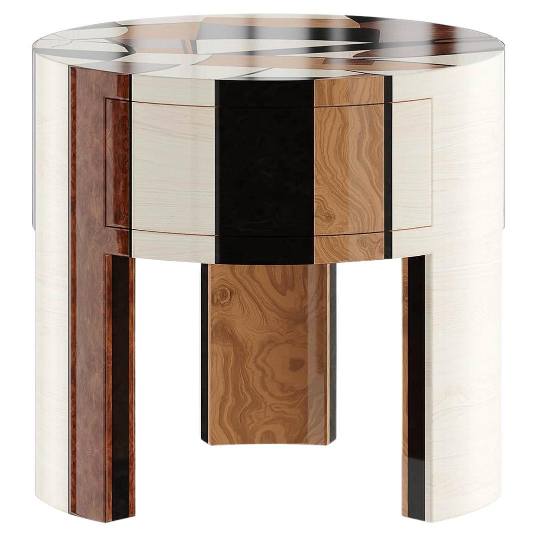 Contemporary Art-Inspired Round Bedside Table Nightstand Wood Marquetry For Sale