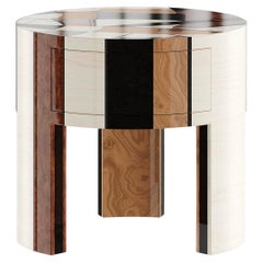 Antique Contemporary Art-Inspired Round Bedside Table Nightstand Wood Marquetry