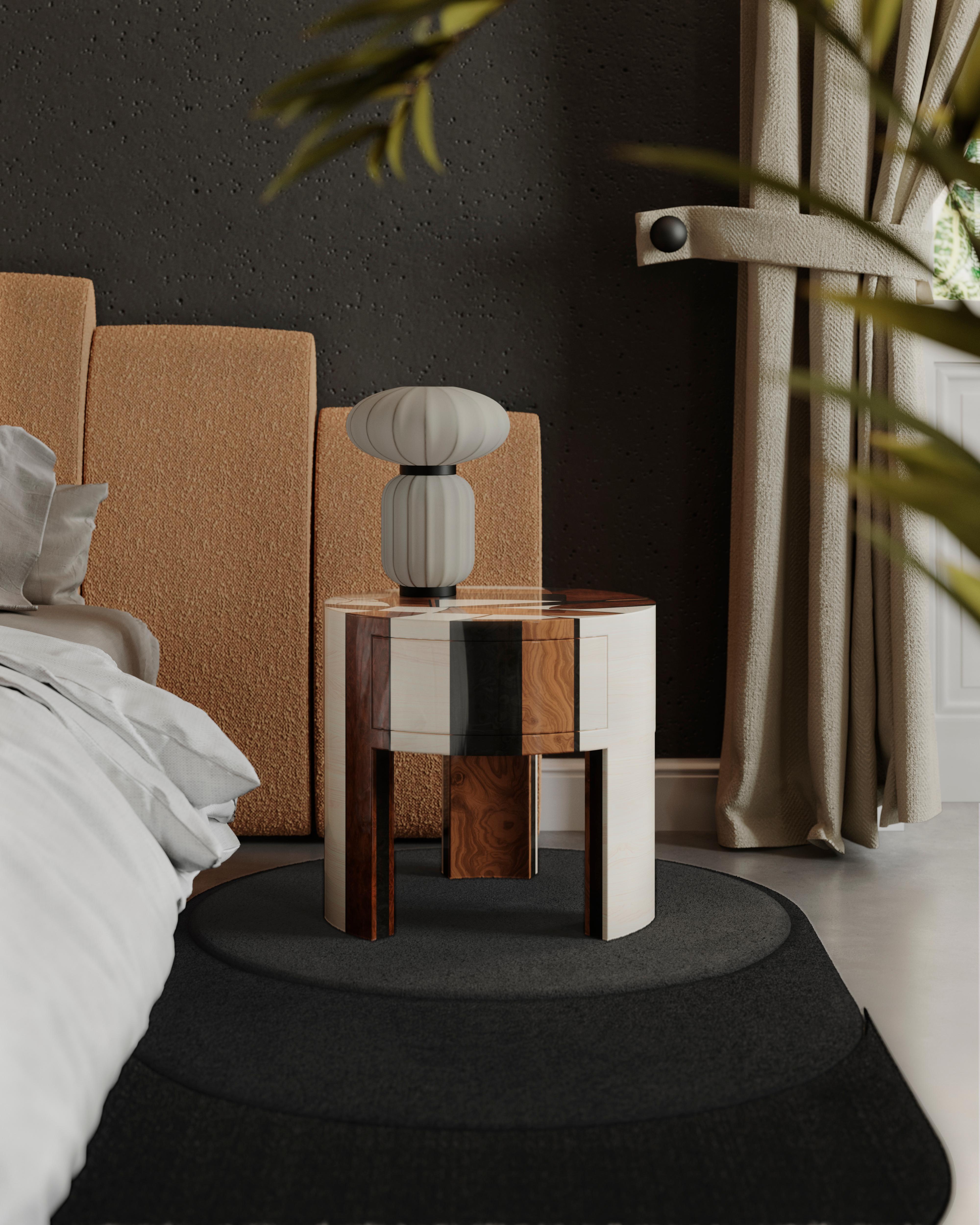Contemporary Art-Inspired Round Bedside Table Nightstand Wood Marquetry For Sale 2