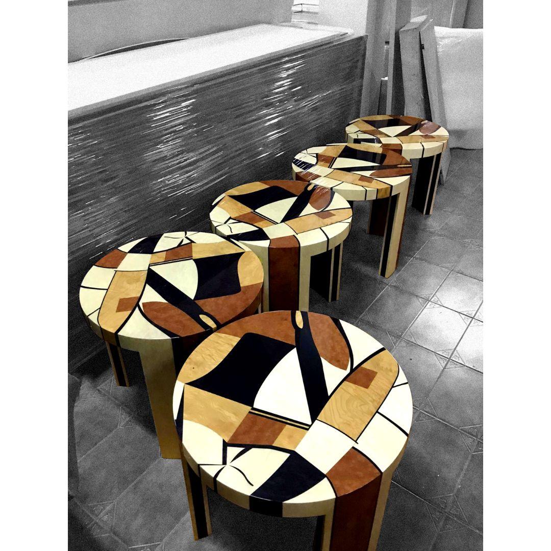 Hand-Crafted Contemporary Art-Inspired Round Bedside Table Nightstand Wood Marquetry For Sale