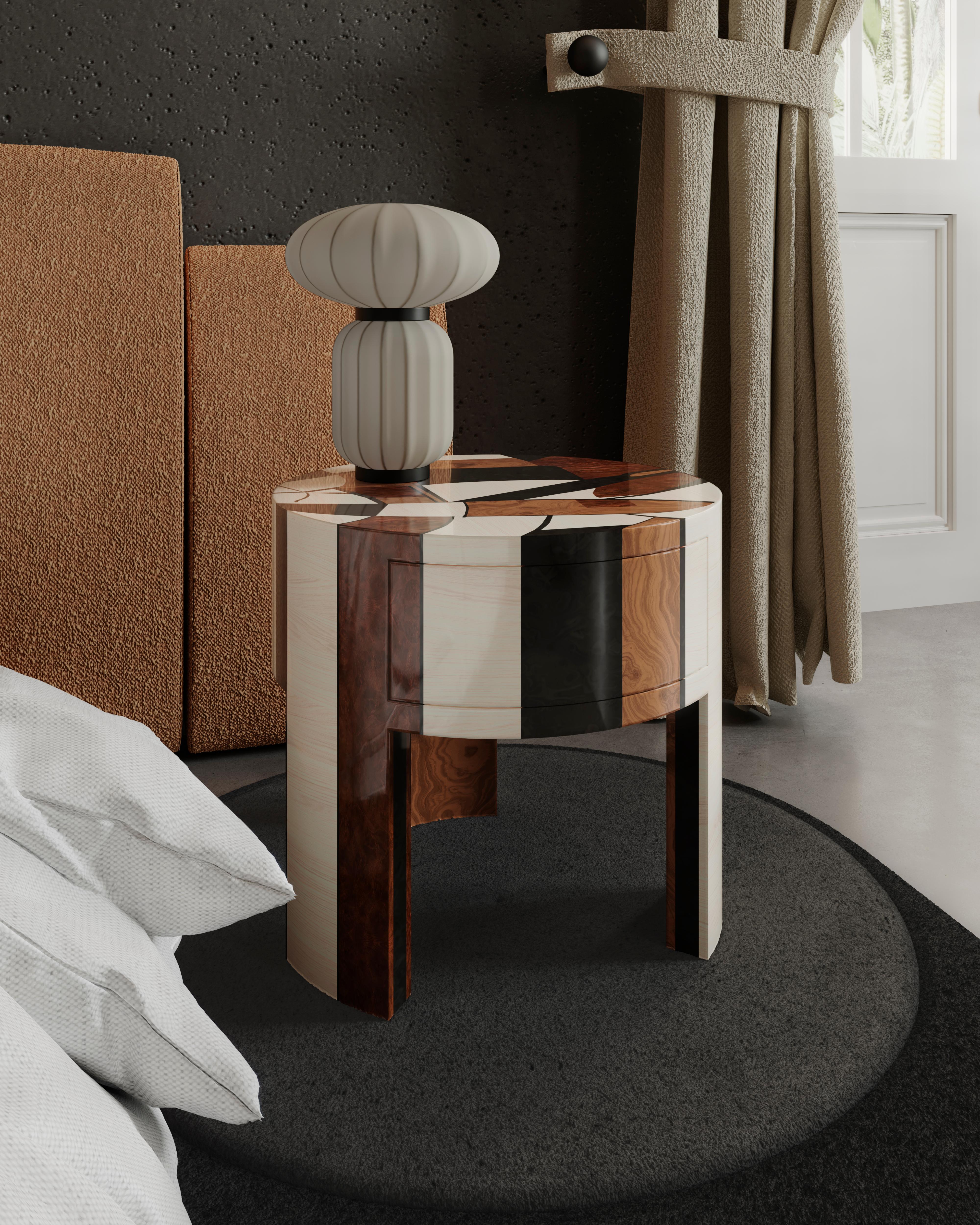 Hand-Crafted Contemporary Art-Inspired Round Bedside Table Nightstand Wood Marquetry For Sale