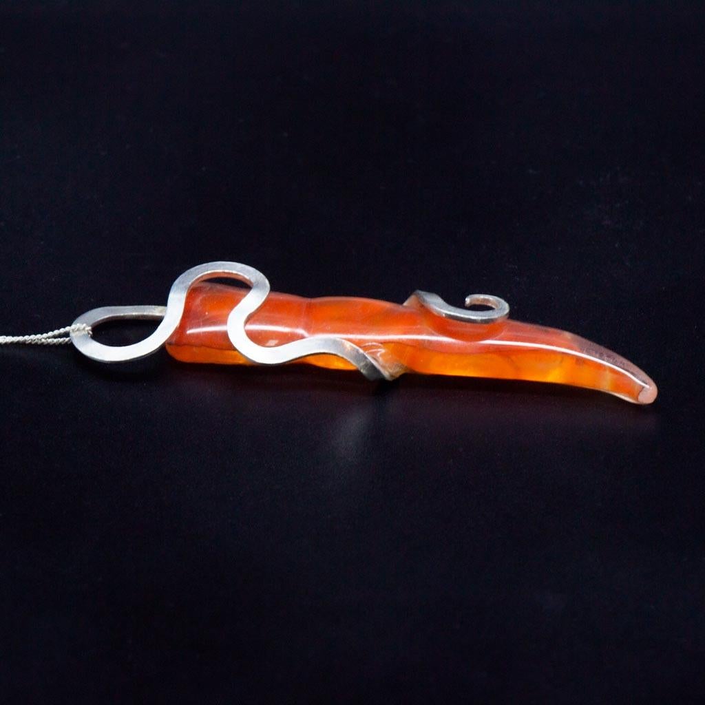 Contemporary Art Nouveau Abstract Organic Silver & Orange Glass Pendant In New Condition For Sale In L-Għarb, MT
