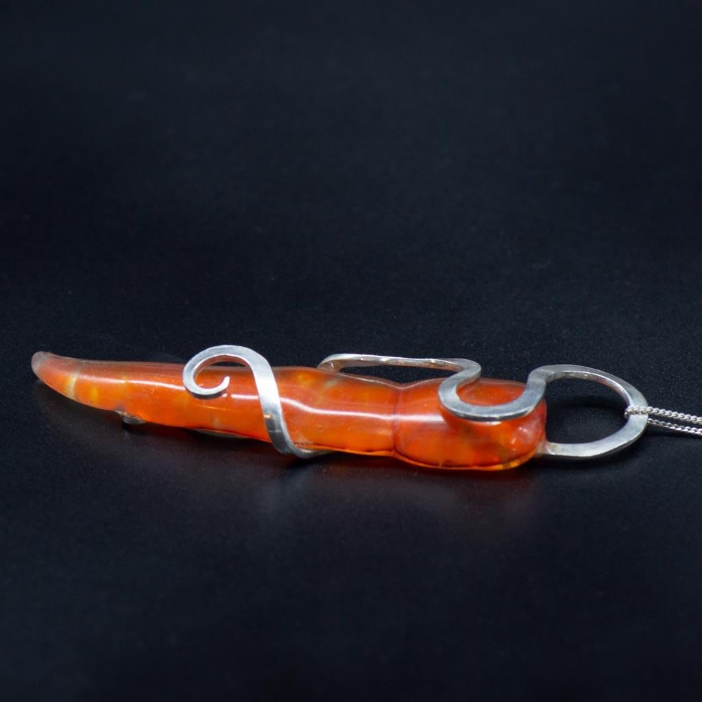 Women's or Men's Contemporary Art Nouveau Abstract Organic Silver & Orange Glass Pendant For Sale