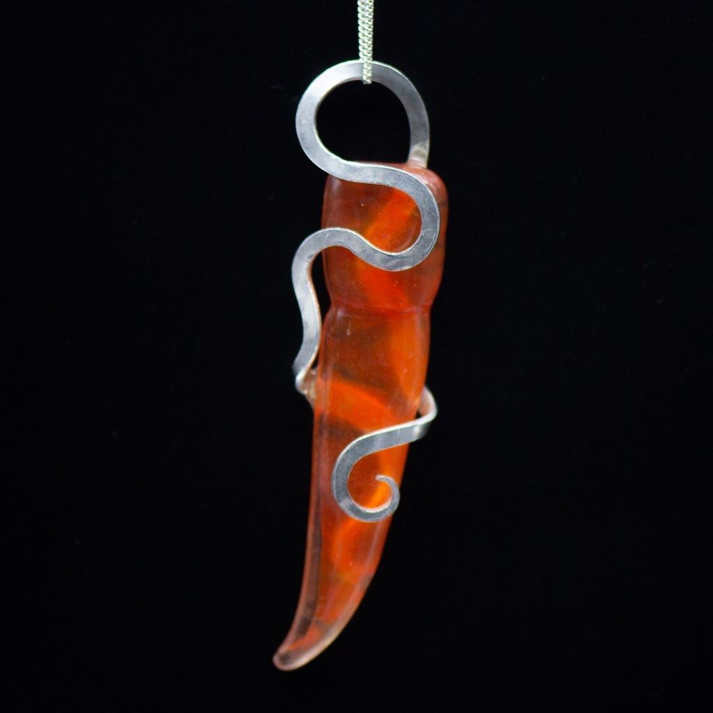 Contemporary Art Nouveau Abstract Organic Silver & Orange Glass Pendant For Sale 1