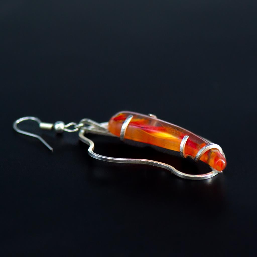 Contemporary Art Nouveau Abstract Organic Silver & Orange Red Glass Earrings In New Condition For Sale In L-Għarb, MT