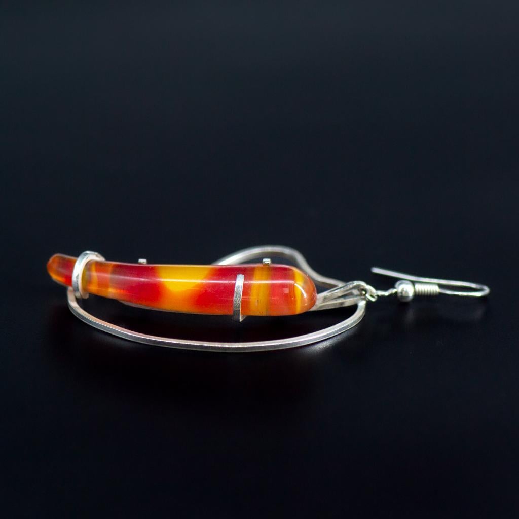 Women's Contemporary Art Nouveau Abstract Organic Silver & Orange Red Glass Earrings For Sale