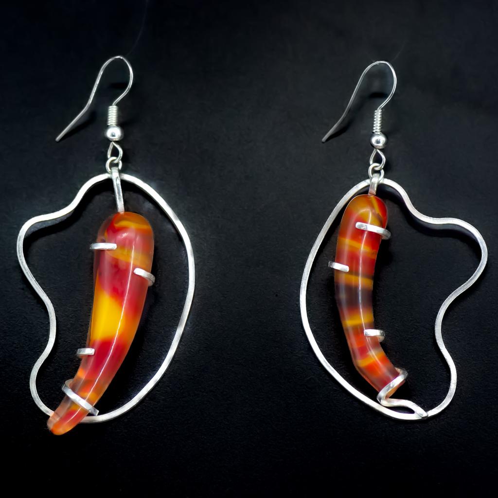 Contemporary Art Nouveau Abstract Organic Silver & Orange Red Glass Earrings For Sale 1