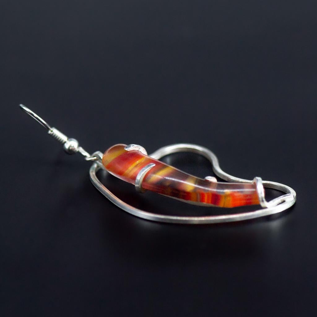 Contemporary Art Nouveau Abstract Organic Silver & Orange Red Glass Earrings For Sale 2