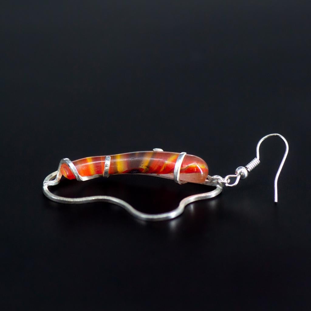 Contemporary Art Nouveau Abstract Organic Silver & Orange Red Glass Earrings For Sale 3