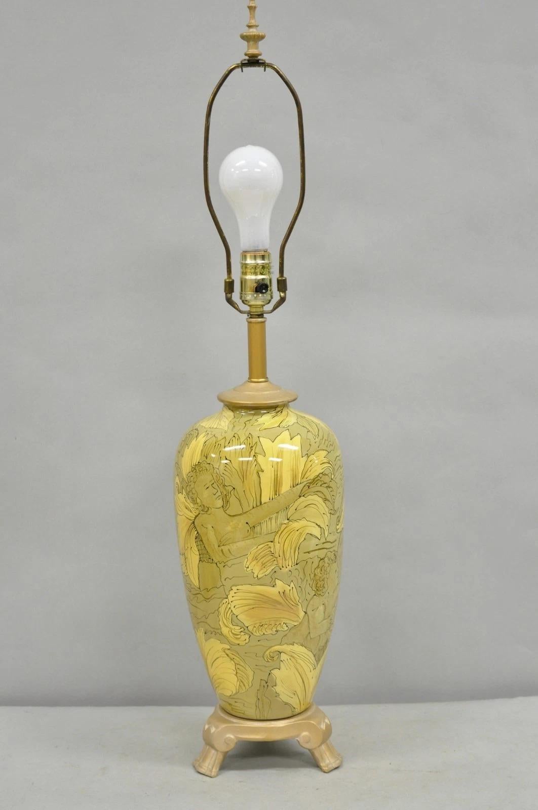 Contemporary Art Nouveau Revival Yellow Glass Jardiniere Table Lamp w/ Figures For Sale 6