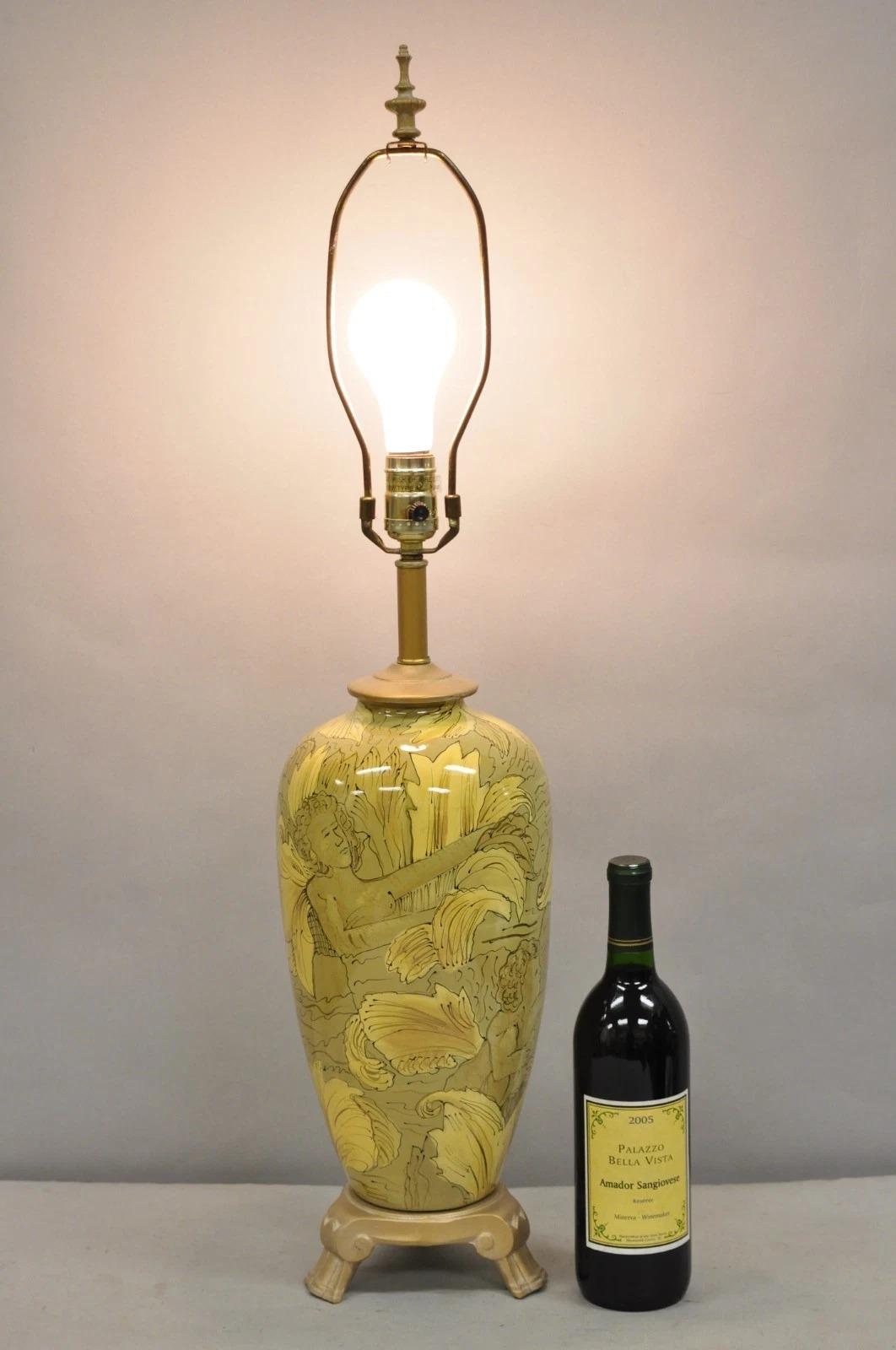 Contemporary Art Nouveau Revival Yellow Glass Jardinière Mexican Table Lamp with Ornate Figures Throughout. Circa Late 20th Century. Measurements: 32