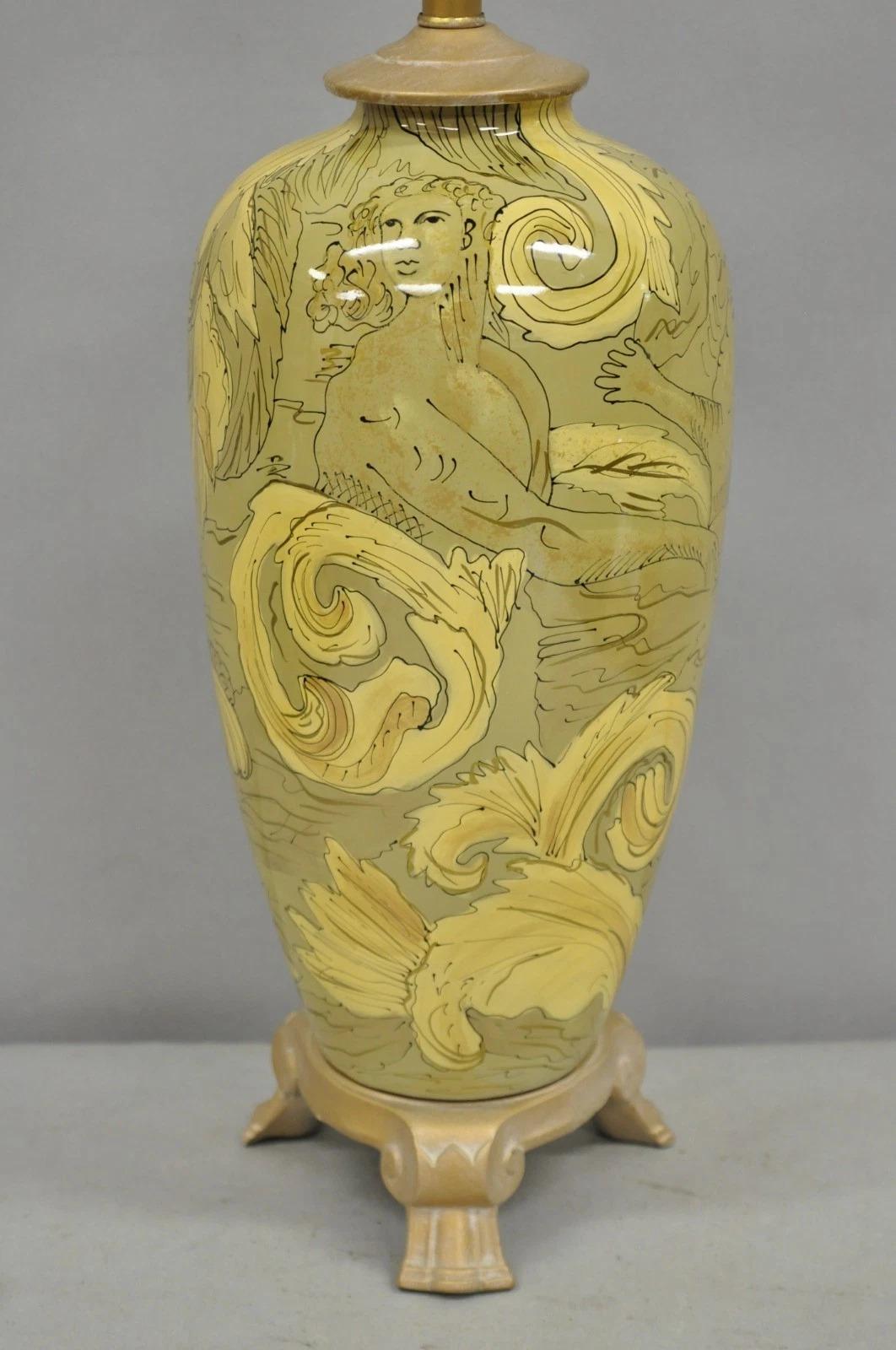 20th Century Contemporary Art Nouveau Revival Yellow Glass Jardiniere Table Lamp w/ Figures For Sale