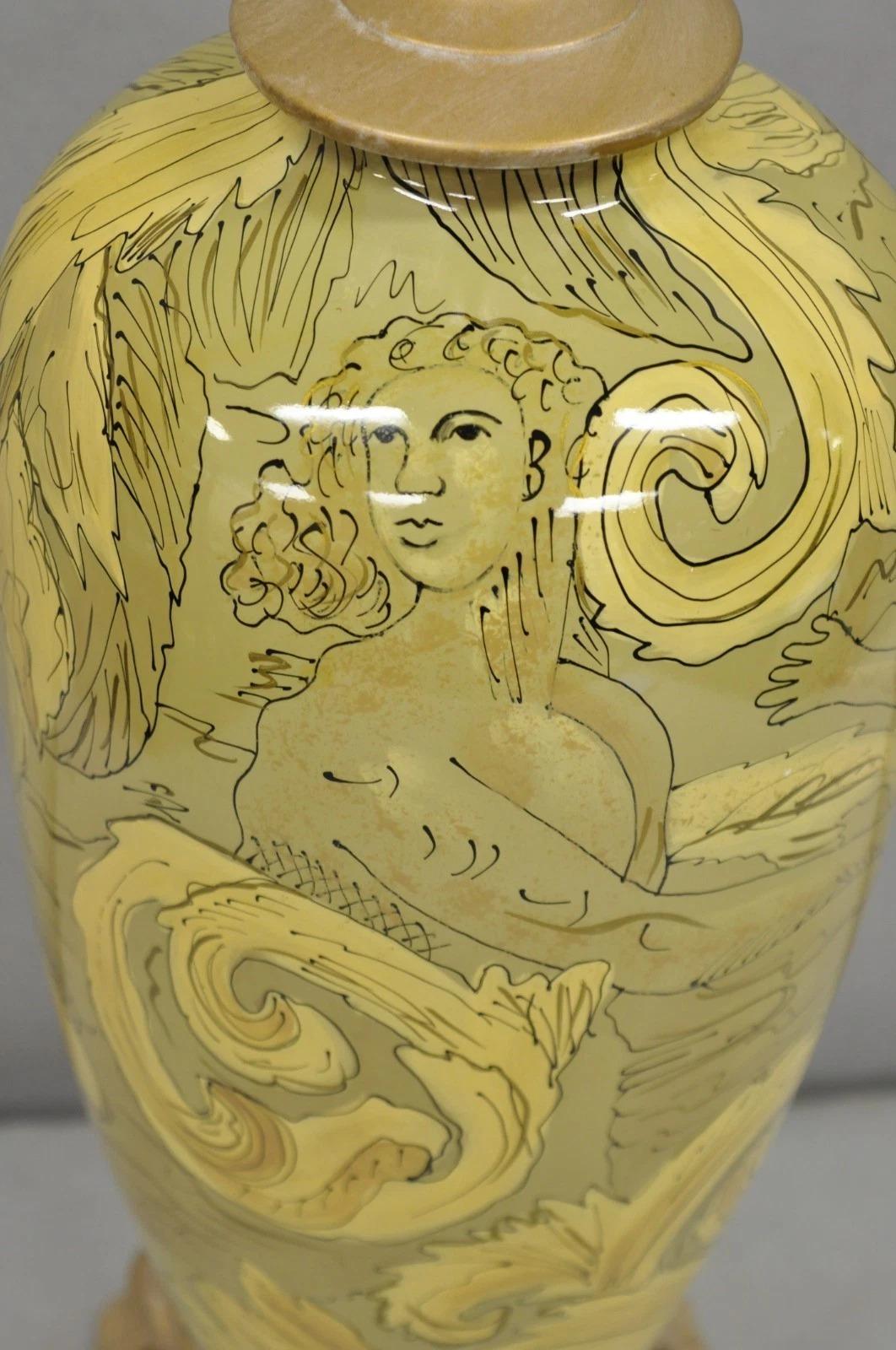 Metal Contemporary Art Nouveau Revival Yellow Glass Jardiniere Table Lamp w/ Figures For Sale