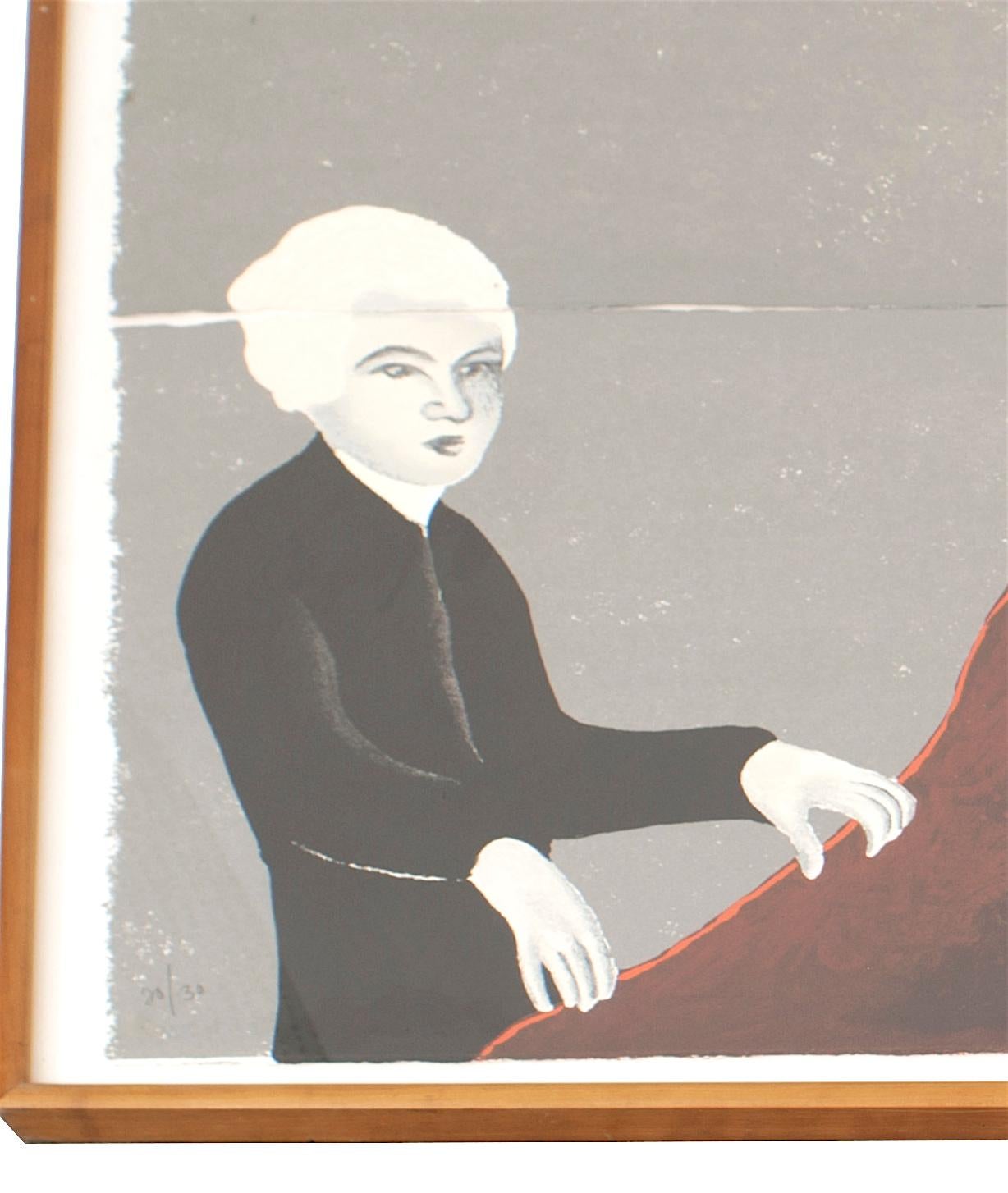 Contemporary art print of Mozart playing a 'volcano' piano and violin in beige matting in a large rectangular wooden frame. Limited editions 20/30.

