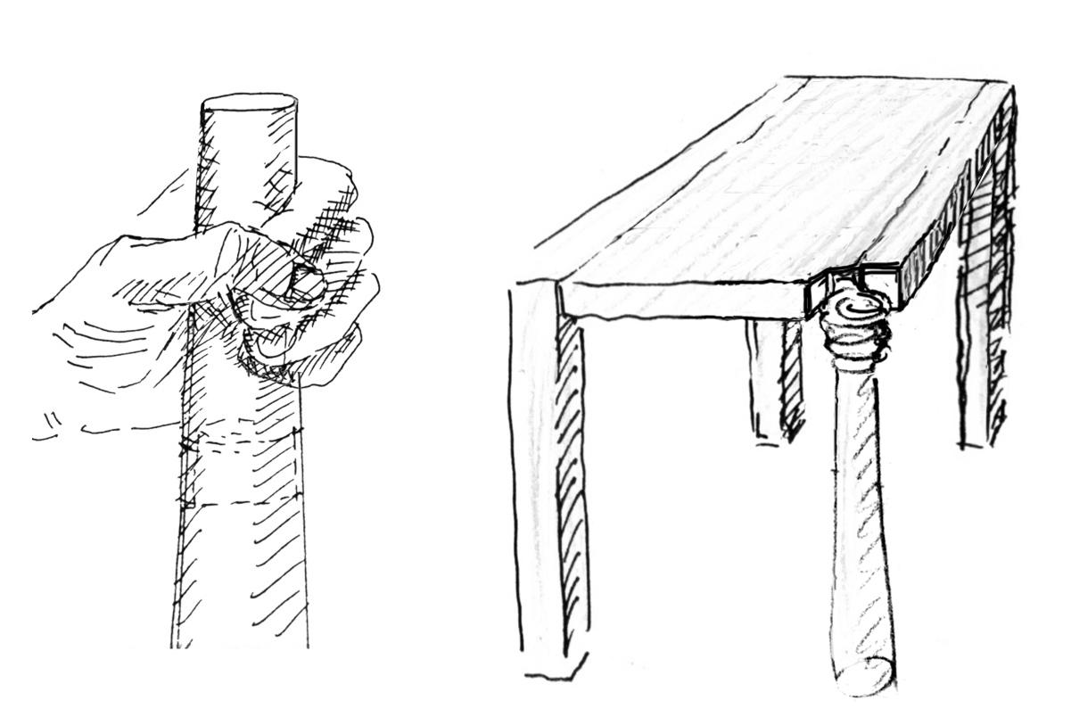 Table, bois de cerisier foncé, sculptures en bronze.

La vigueur de la main tient le pied de la table, comme si elle simulait le corps, matérialisait l'esprit... évoquant la 