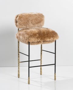 Contemporary Art Viking Counter Stool in Textured Solid Brass and Camel Lamb Fur