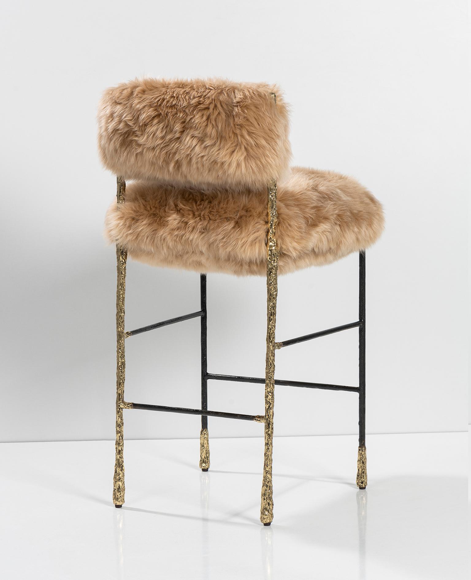 Modern Contemporary Art Viking Counter Stool in Textured Solid Brass and Camel Lamb Fur For Sale