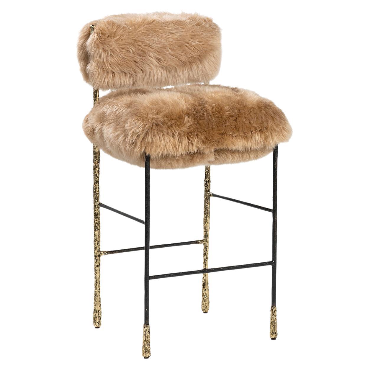 Contemporary Art Viking Counter Stool in Textured Solid Brass and Camel Lamb Fur For Sale