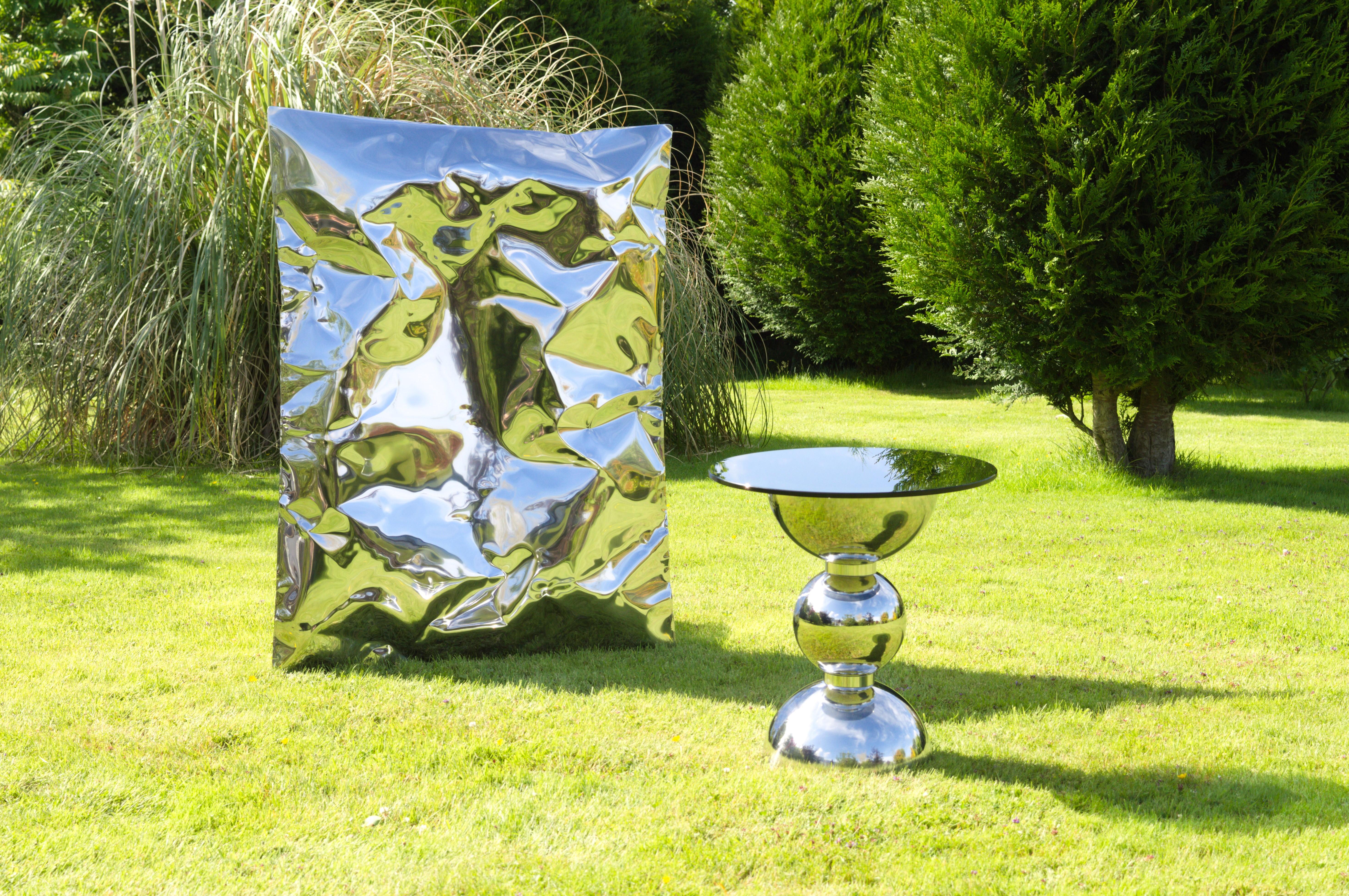 British Contemporary Artemis Table in Polished Stainless Steel For Sale