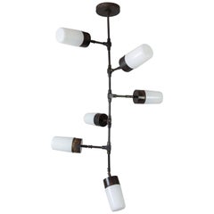 Contemporary Articulated Pendant Lamp, Opaline Glass Shades in Bronze and Brass