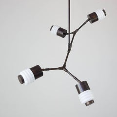 Contemporary Articulated Pendant Lamp with 4 Glass Shades, Bronze and Brass