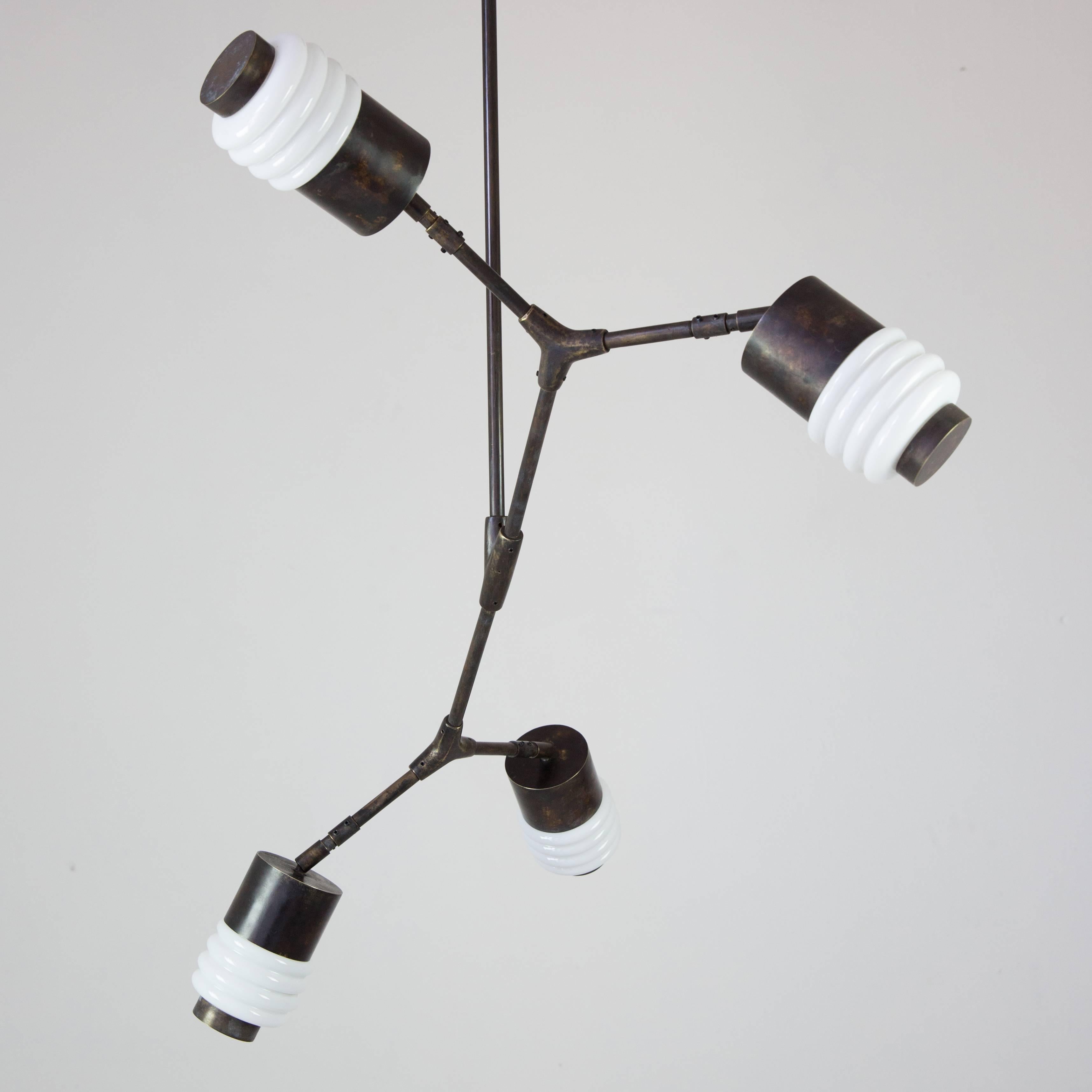 Other Contemporary Articulated Pendant Lamp with 4 Glass Shades, Bronze and Brass   For Sale