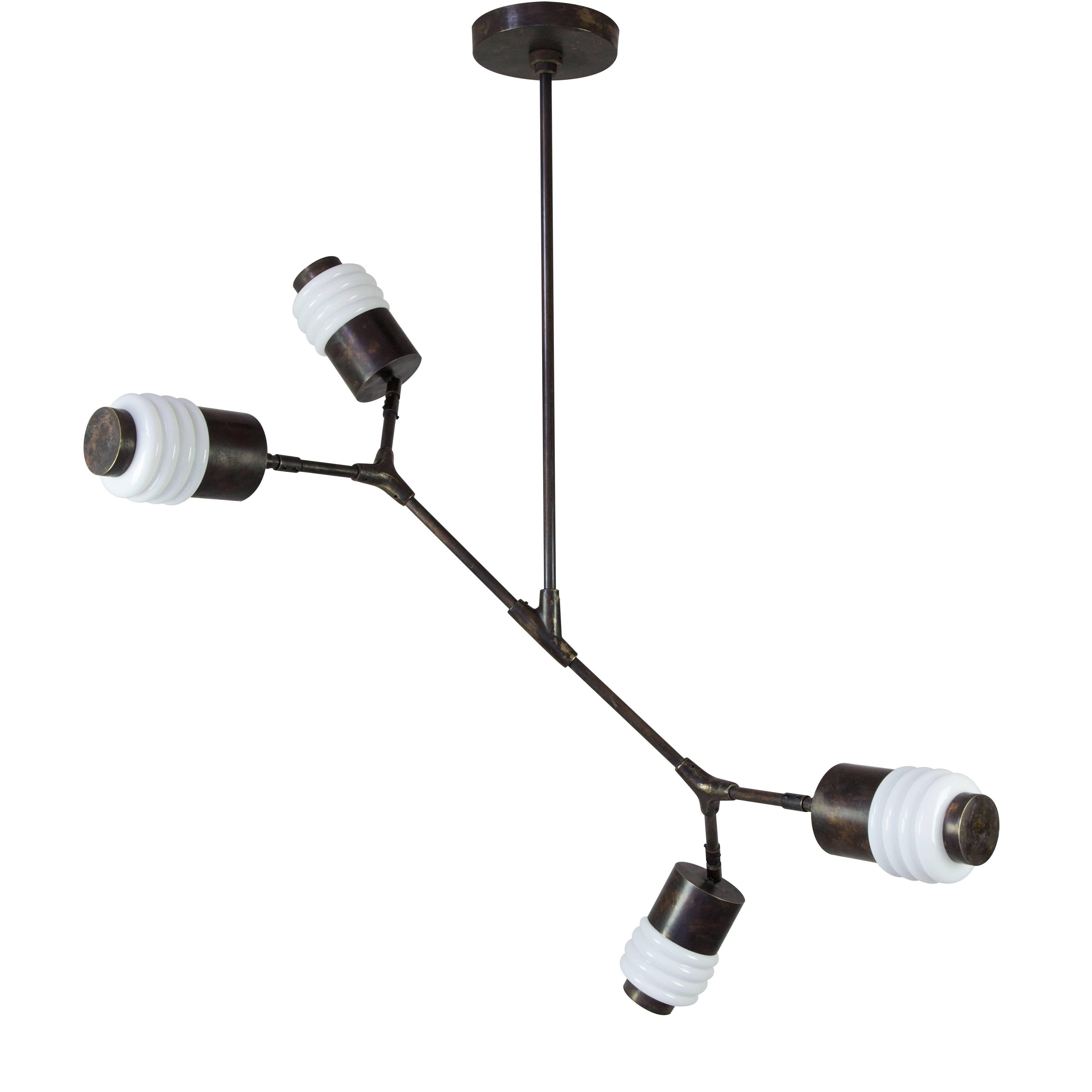 Contemporary Articulated Pendant Lamp with 4 Glass Shades, Bronze and Brass   For Sale