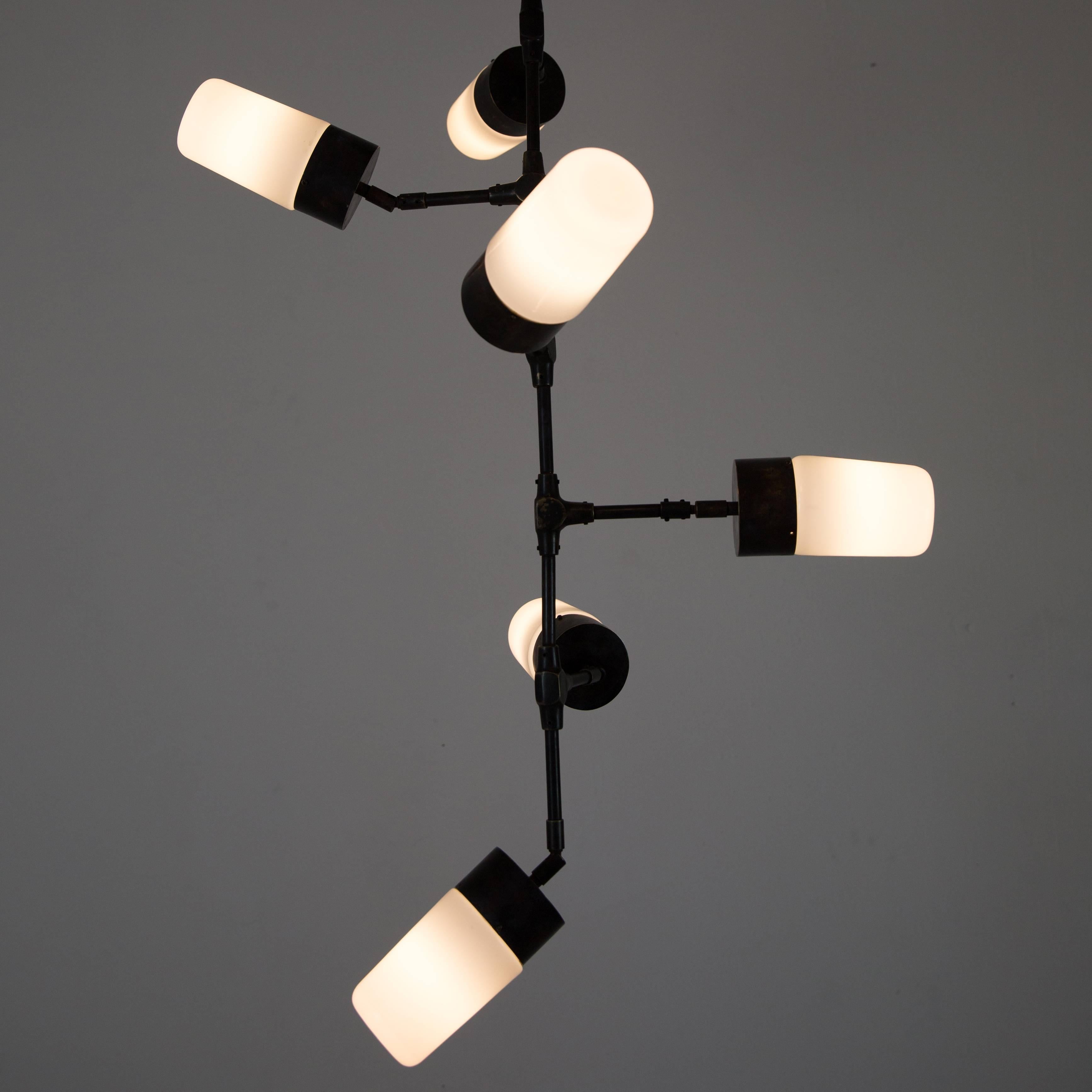 Cast Contemporary Articulated Pendant Lamp, Opaline Glass Shades in Bronze and Brass For Sale