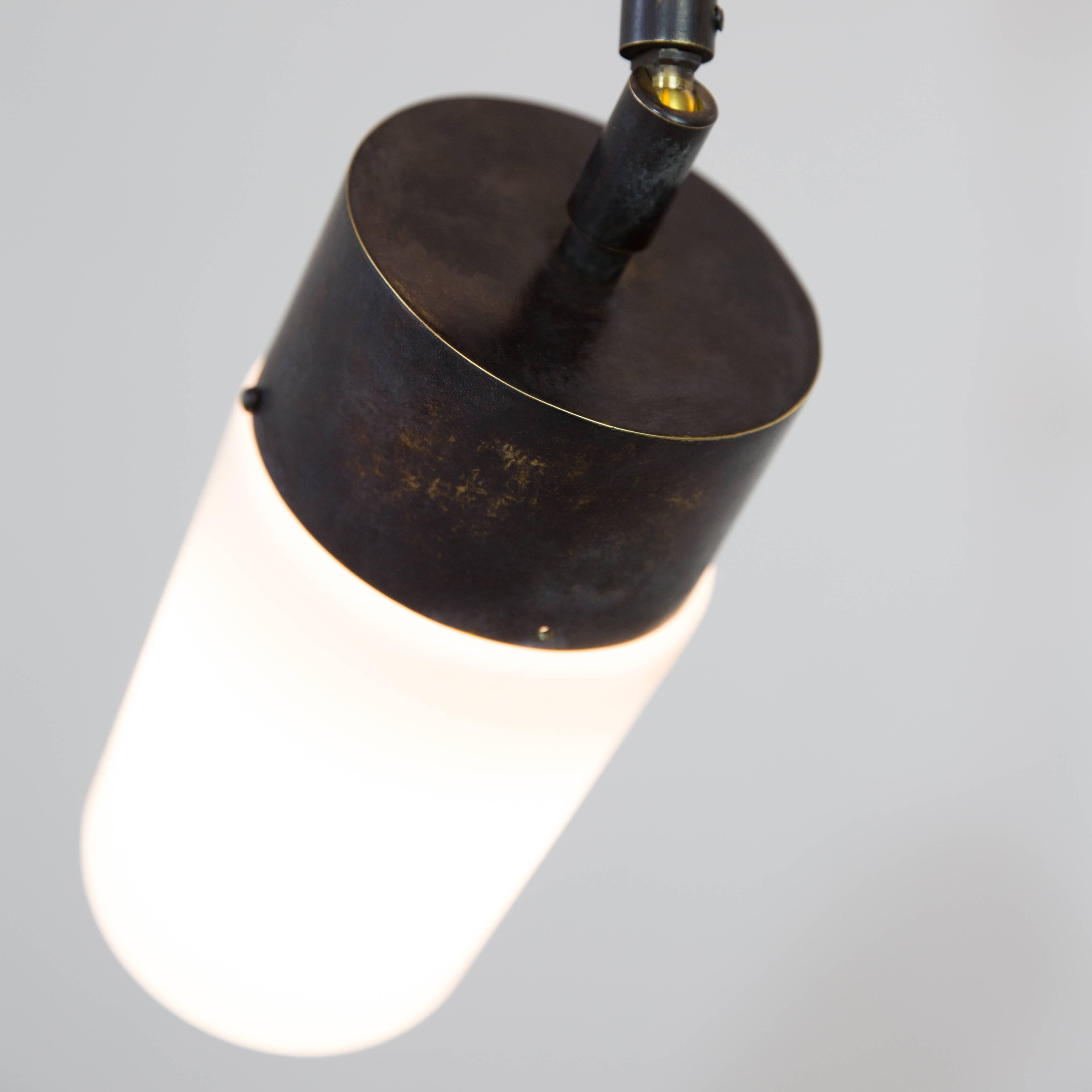 Contemporary Articulated Pendant Lamp, Opaline Glass Shades in Bronze and Brass For Sale 1