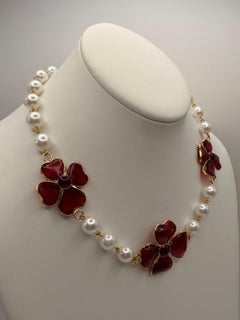 Contemporary Artisan French Faux Pearl Red Flower Necklace
