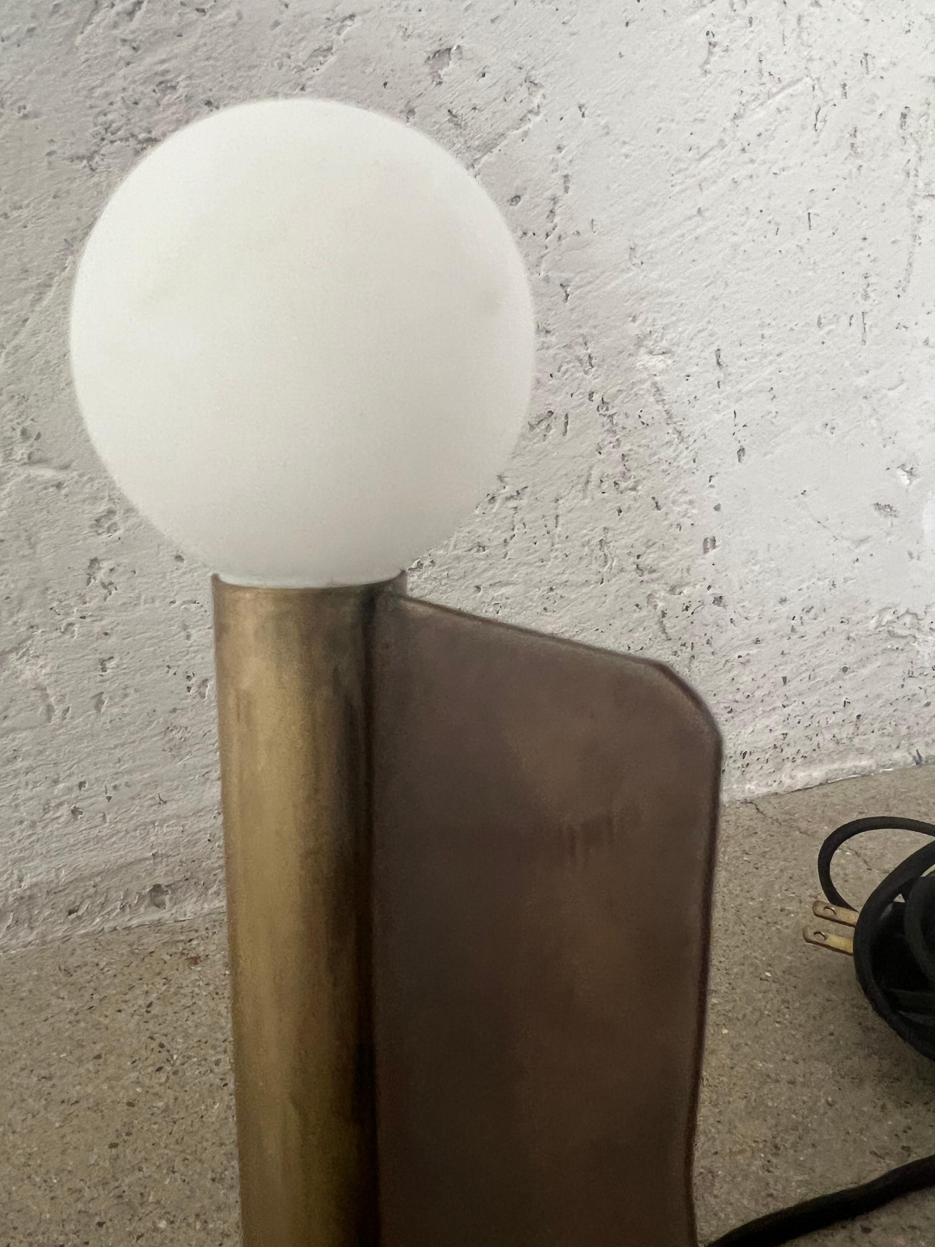 American Contemporary Artisan Made Abstract Brass Lamp with Porcelain Bulb For Sale