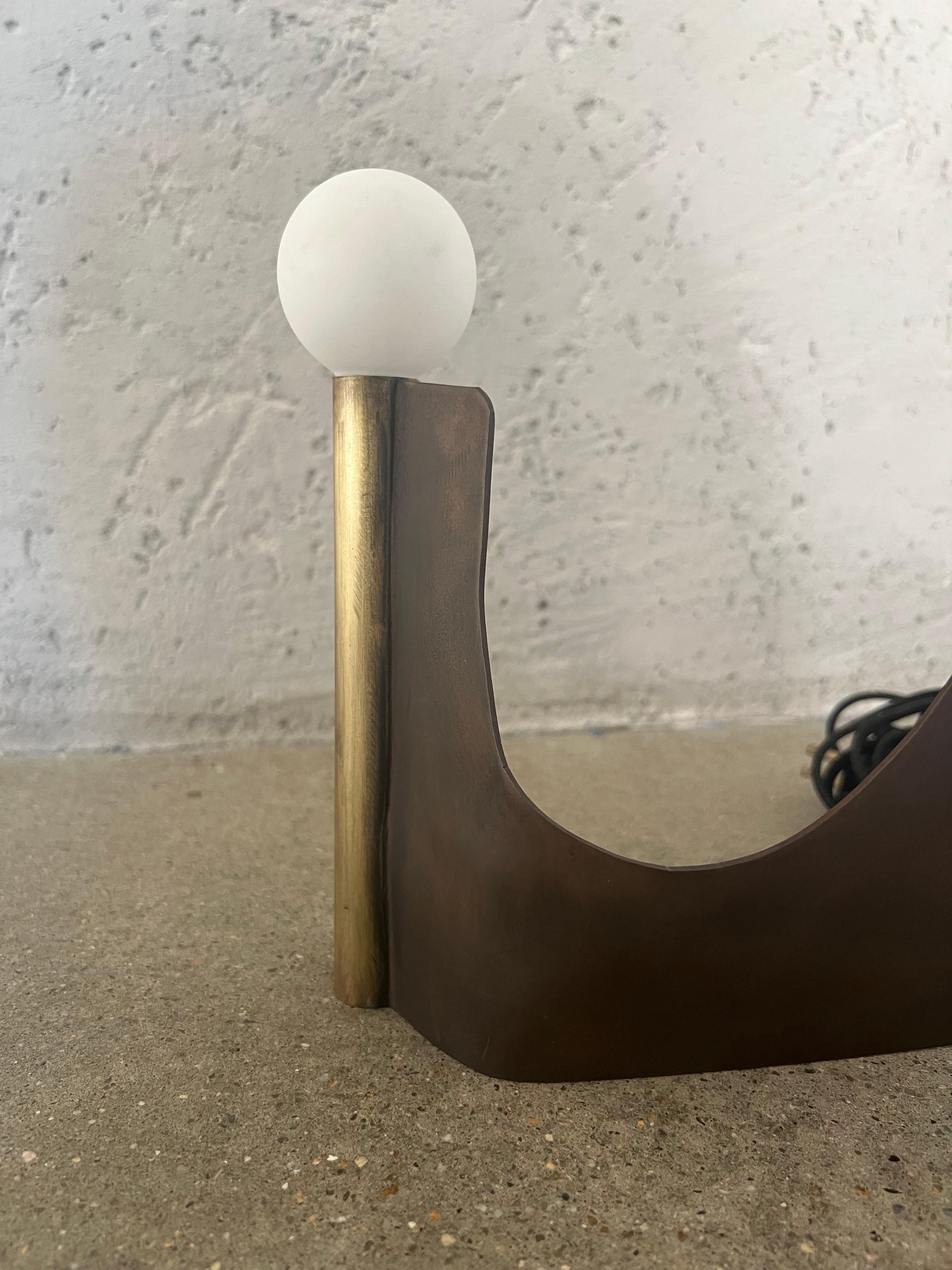 Contemporary Artisan Made Abstract Brass Lamp with Porcelain Bulb In New Condition For Sale In Chicago, IL