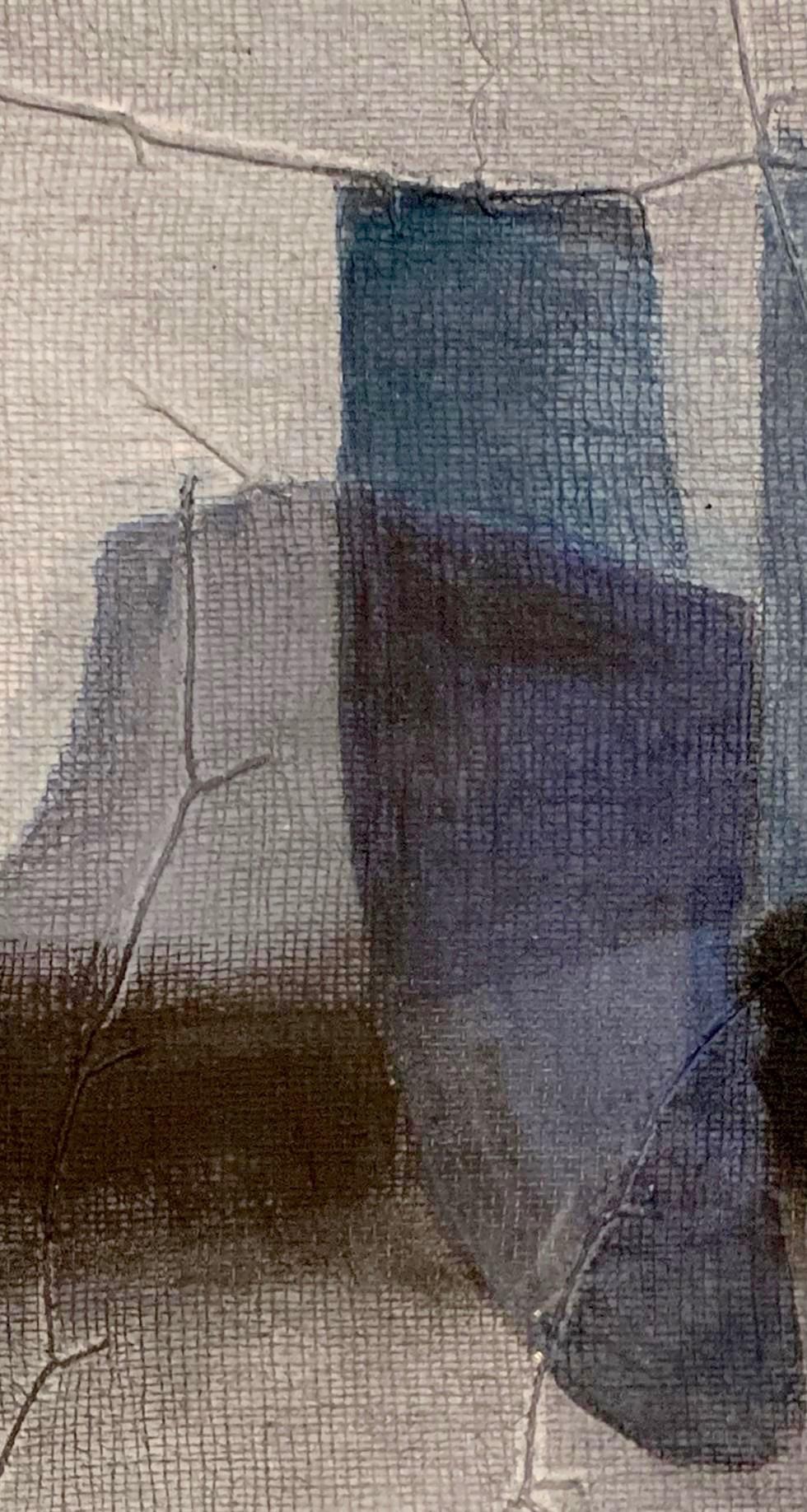 Painting in shades of blue by the contemporary Belgian artist Diane Petry.  She creates her own three layer canvas using pima cotton, gauze and fine paper.
Raw edges and applied threads add texture and dimension
All artwork can be commissioned for