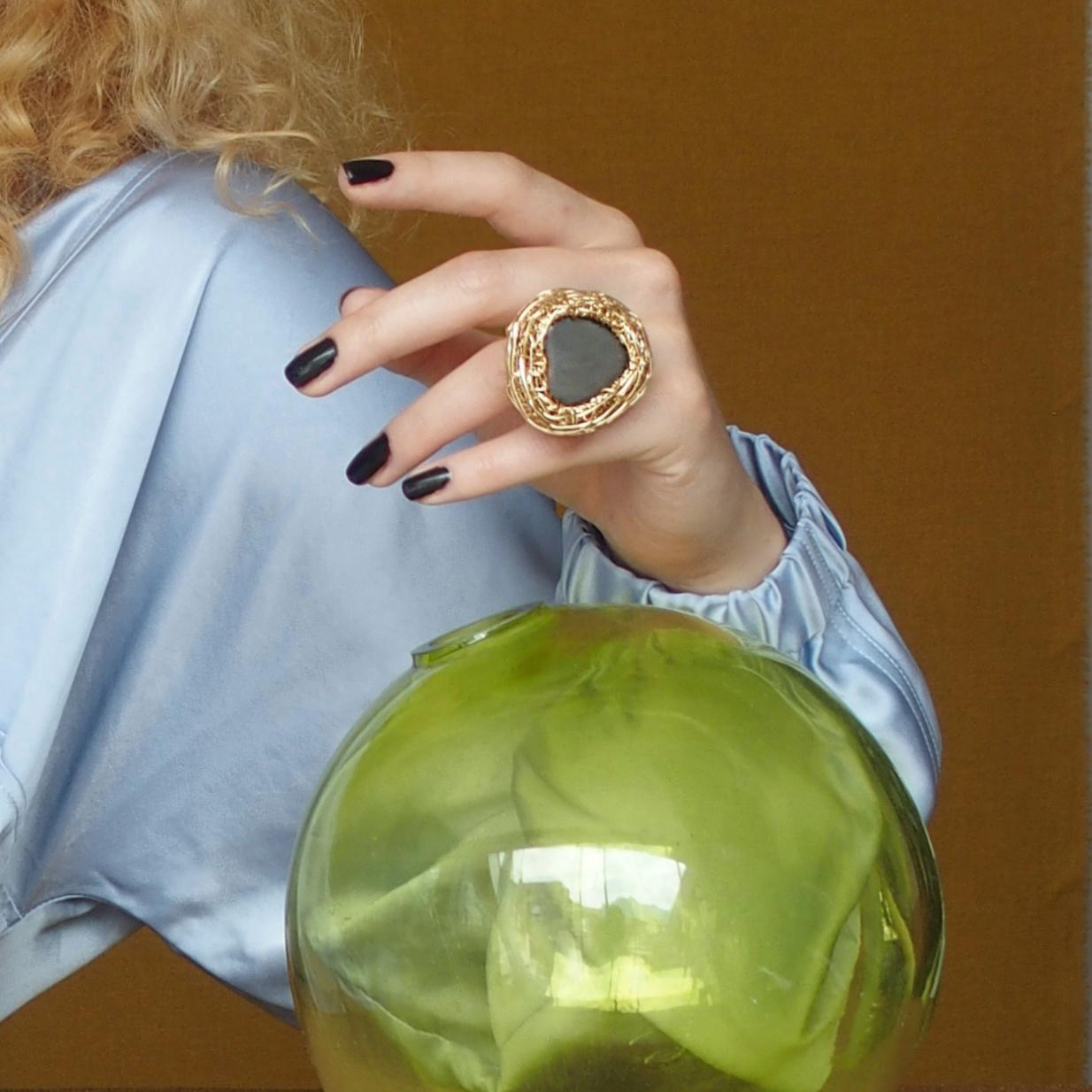 Contemporary Artistic Statement Ring Grey Heart Stone 14k Gold Filled Unique For Sale 11