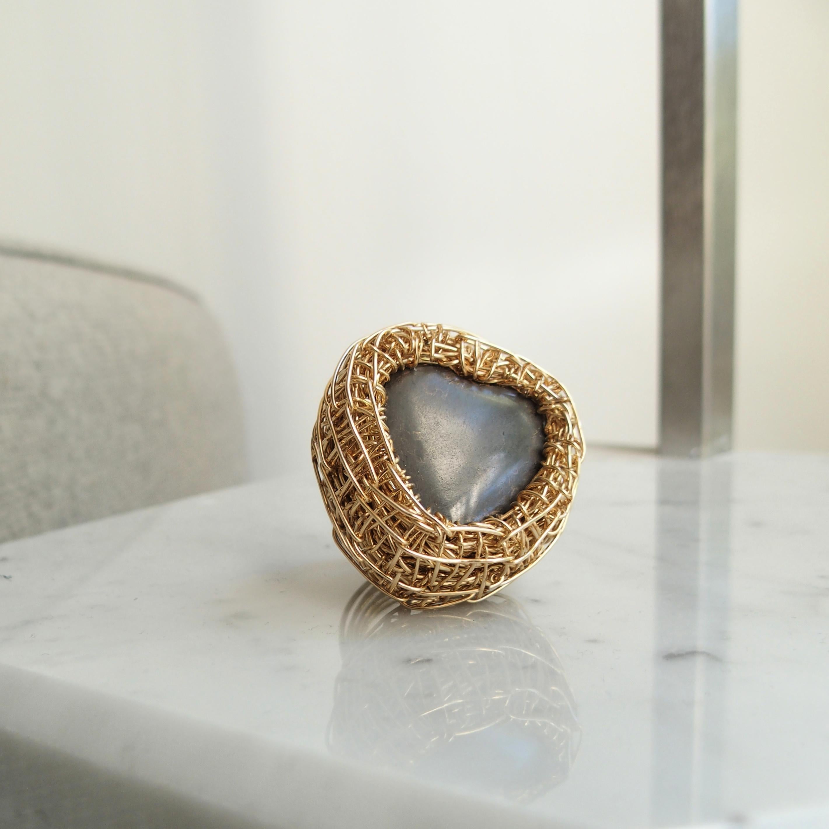 Contemporary Artistic Statement Ring Grey Heart Stone 14k Gold Filled Unique For Sale 5
