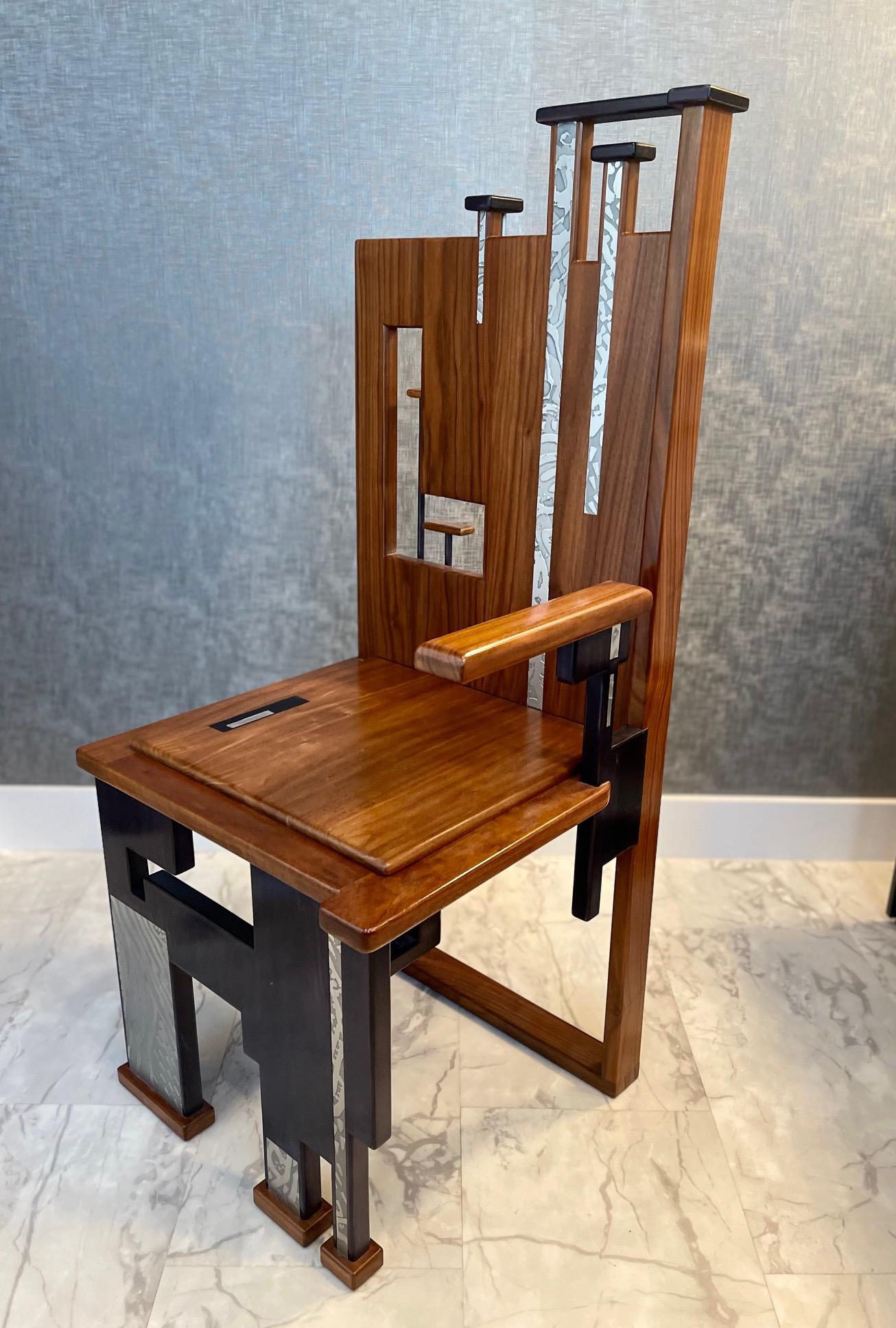 Contemporary Arts & Crafts chair from Washington DC Series, circa 1995, made of American walnut, dyed sycamore, and acid etched aluminum by Jacob Rogers Art (Joe Jacob and Evy Rogers).
 