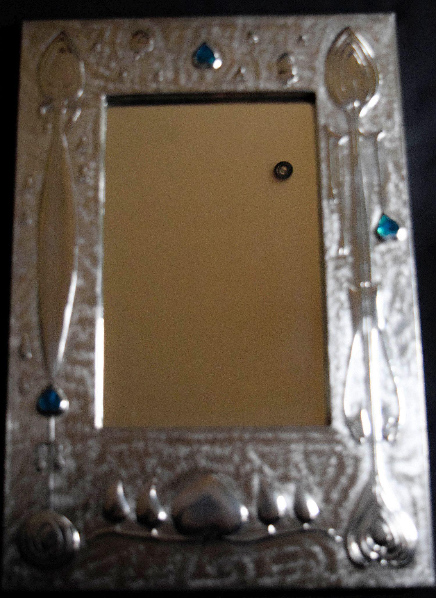 Contemporary Arts and Crafts Pewter Mirror with blue Cabuchons For Sale 1