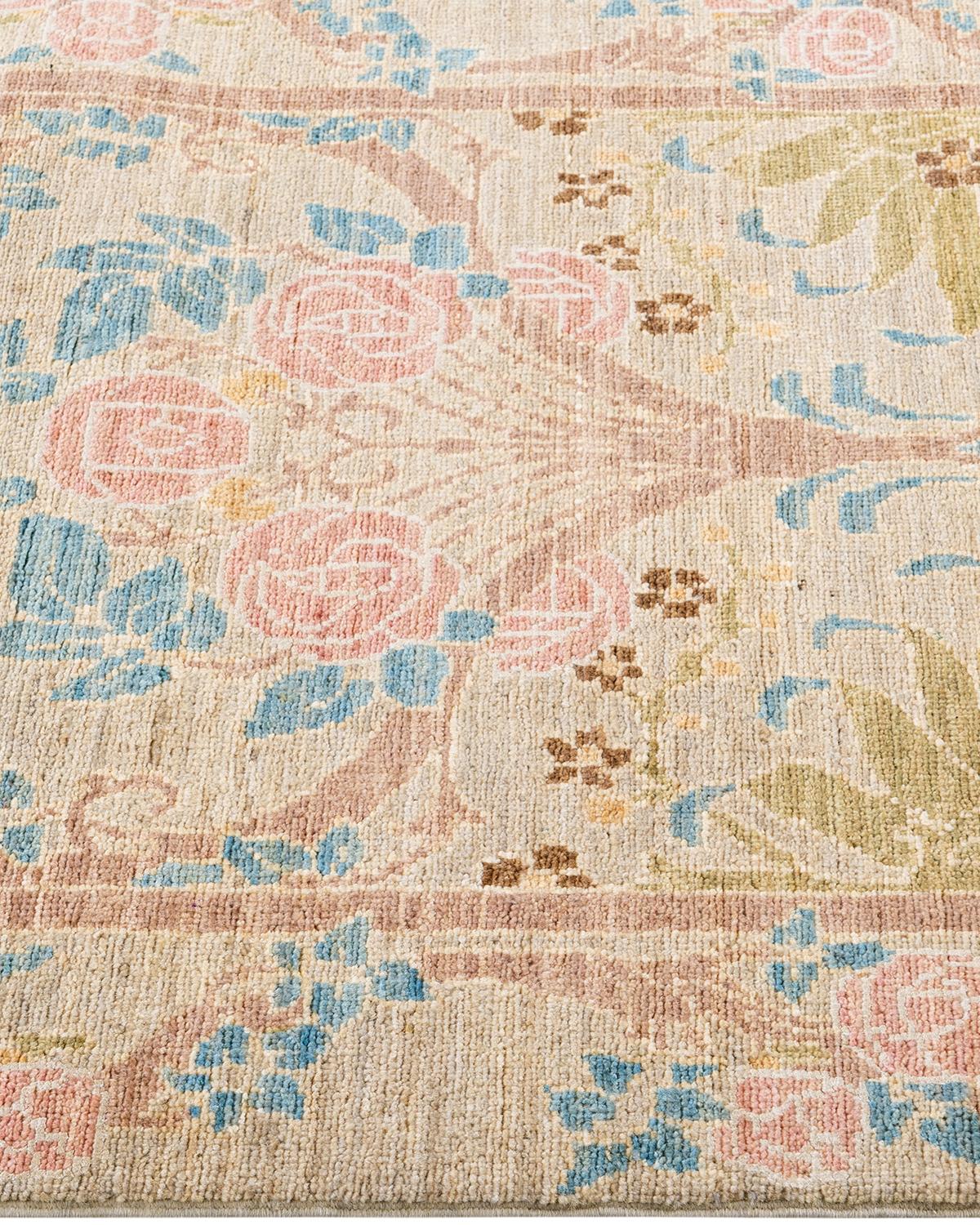 Contemporary Arts & Crafts Hand Knotted Wool Beige Runner In New Condition For Sale In Norwalk, CT