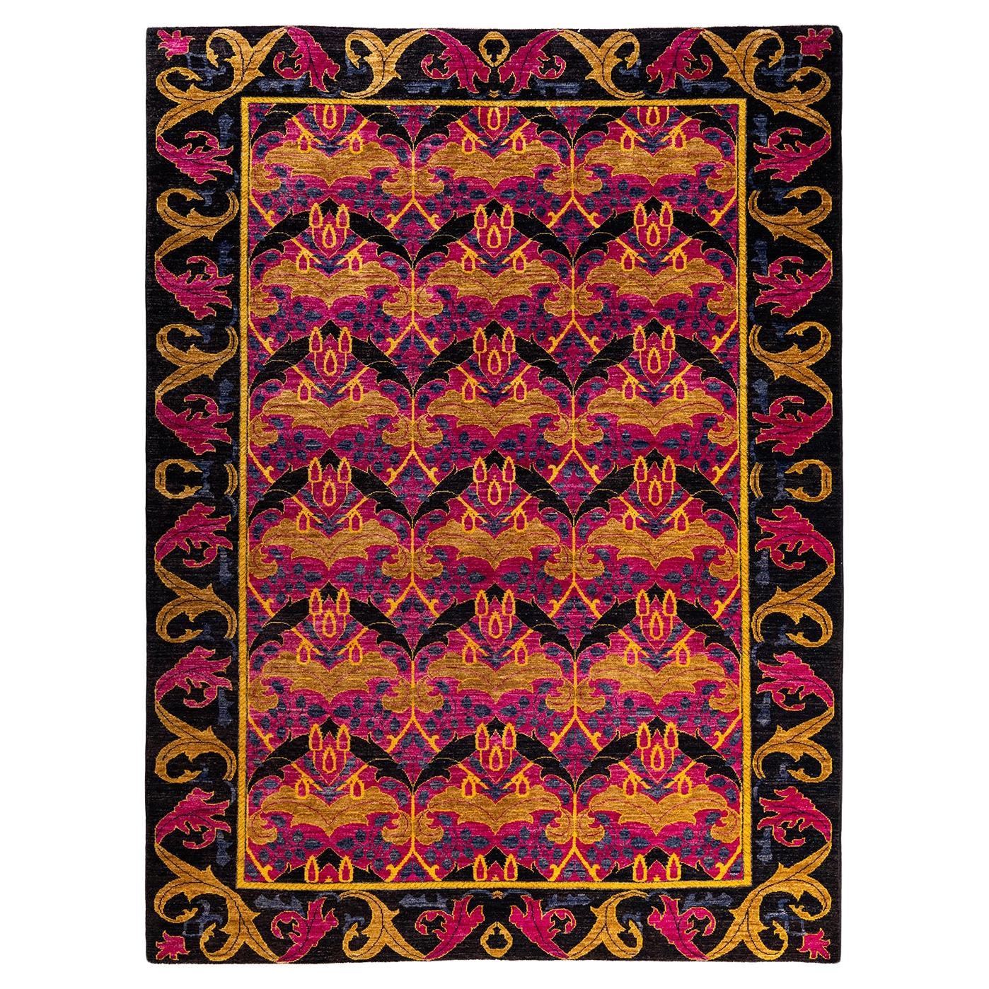 Contemporary Arts & Crafts Hand Knotted Wool Black Area Rug 6' 3" x 8' 9" For Sale
