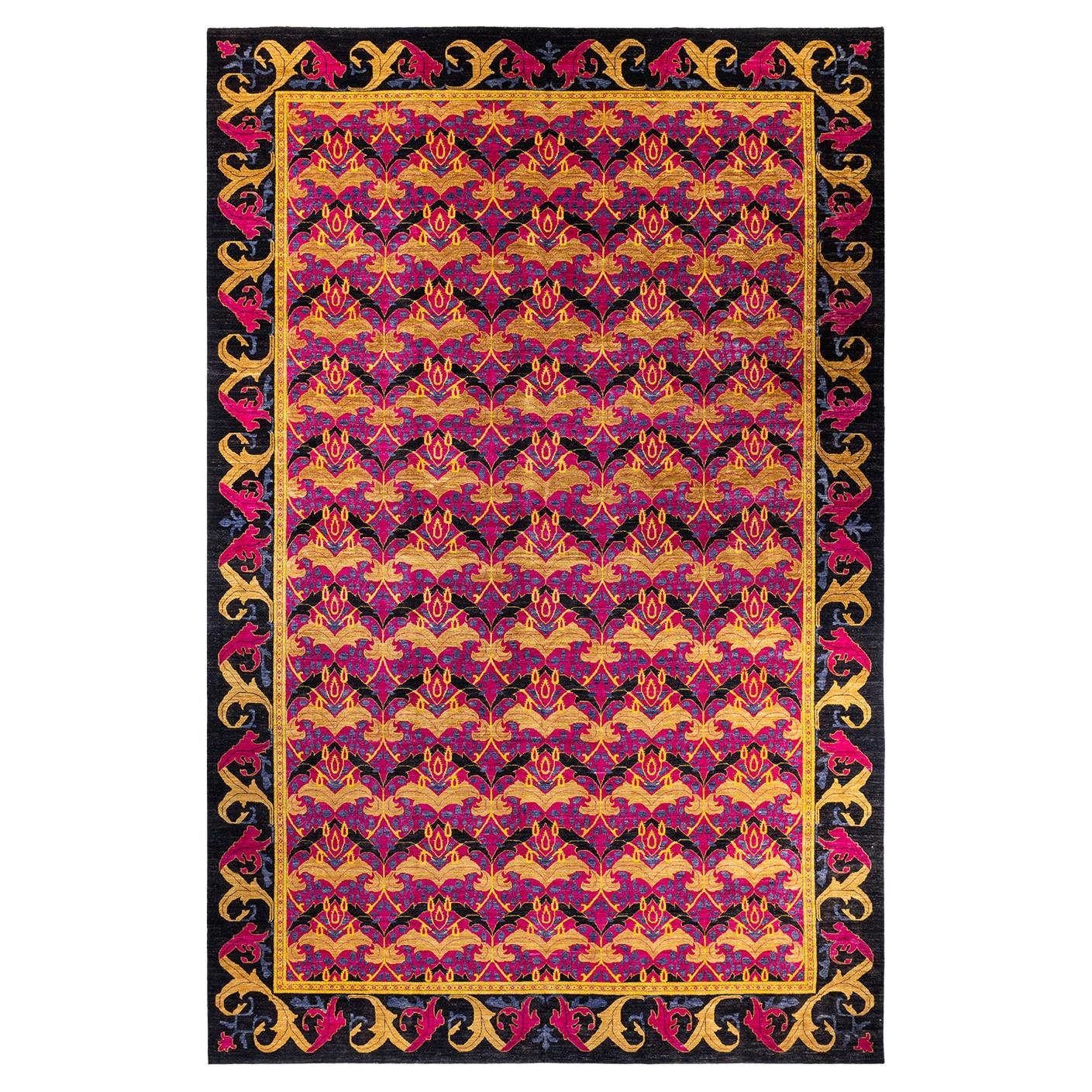 Contemporary Arts & Crafts Hand Knotted Wool Black Area Rug For Sale
