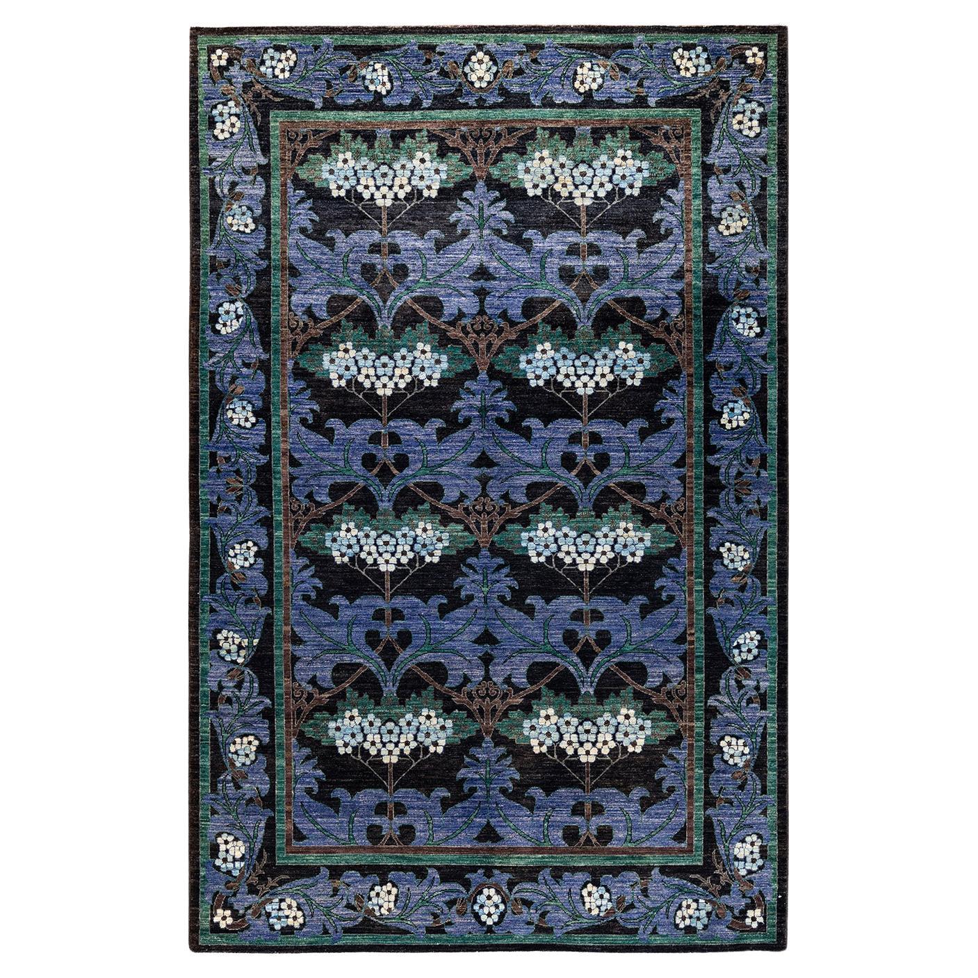 Contemporary Arts & Crafts Hand Knotted Wool Black Area Rug 