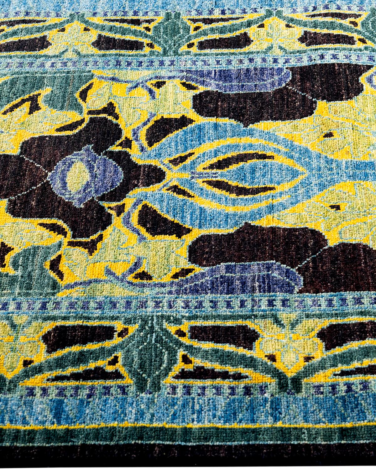 Contemporary Arts & Crafts Hand Knotted Wool Black Runner 2' 7
