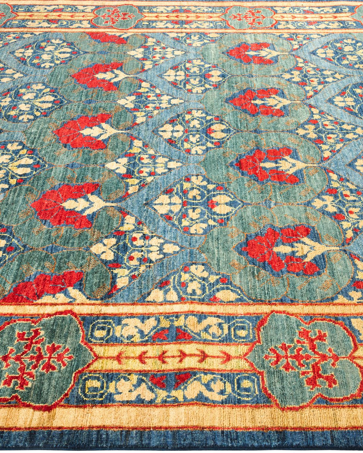 Contemporary Arts & Crafts Hand Knotted Wool Blue Area Rug In New Condition For Sale In Norwalk, CT