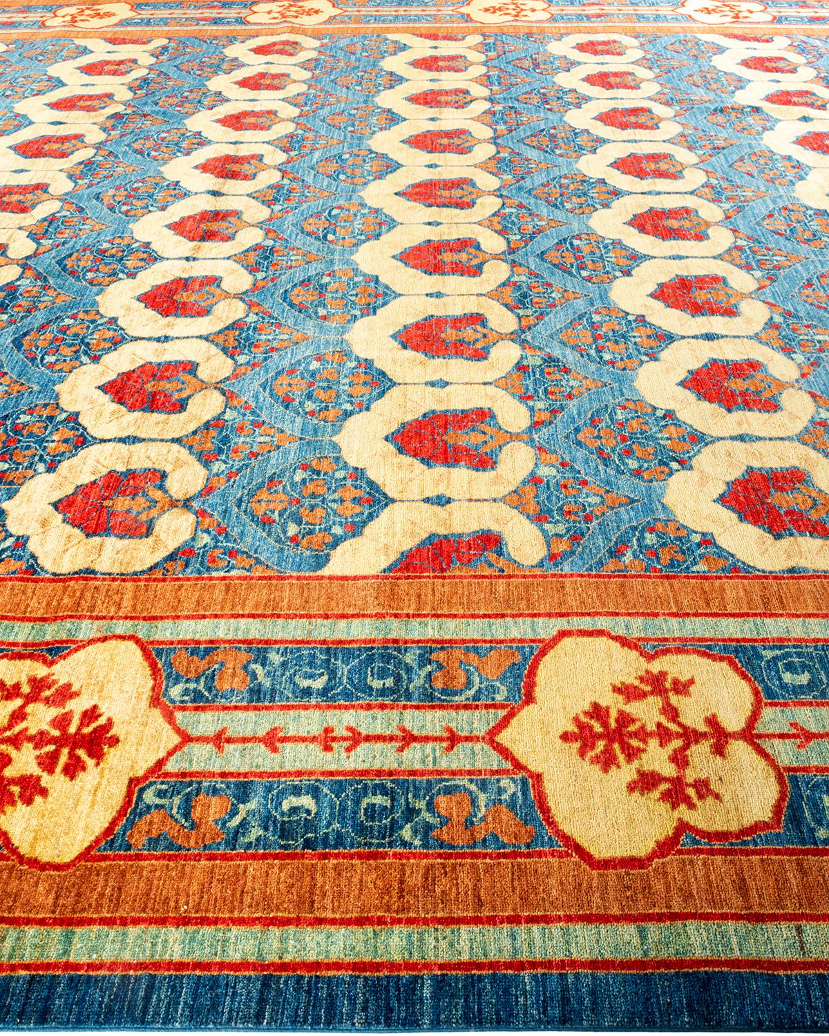 Contemporary Arts & Crafts Hand Knotted Wool Blue Area Rug In New Condition For Sale In Norwalk, CT