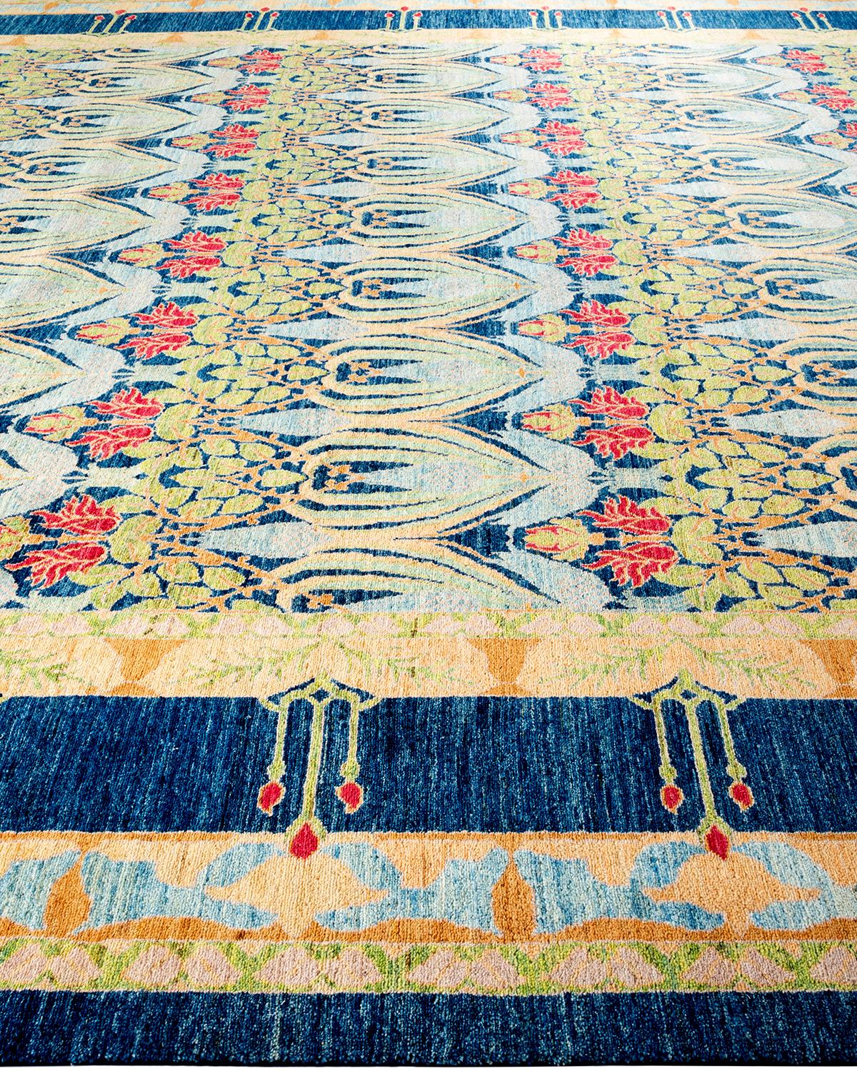 Contemporary Arts & Crafts Hand Knotted Wool Blue Area Rug im Zustand „Neu“ im Angebot in Norwalk, CT